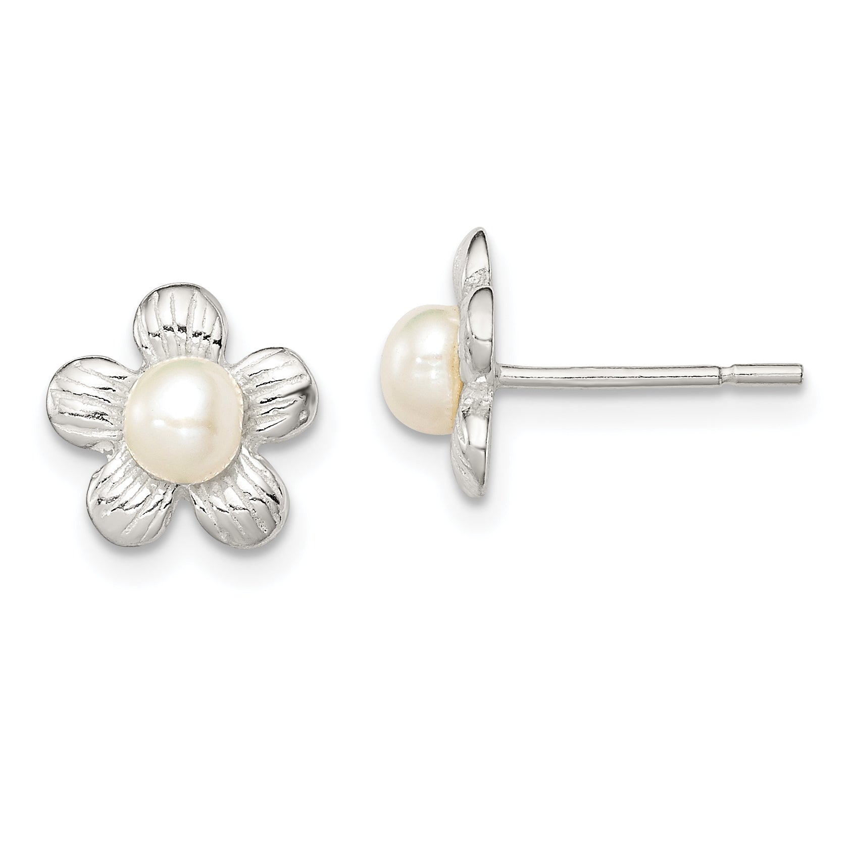 Sterling Silver Polished & Textured Sim. Pearl Flower Post Earrings Main image