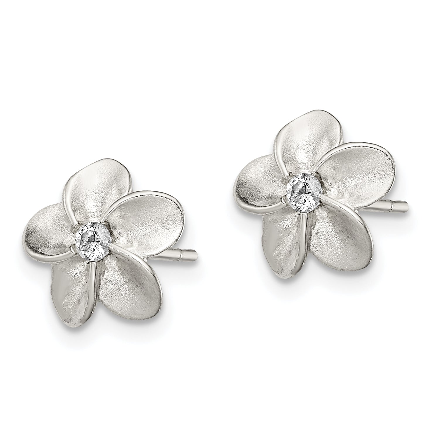 Sterling Silver Polished & Satin CZ Flower Post Earrings Secondary image