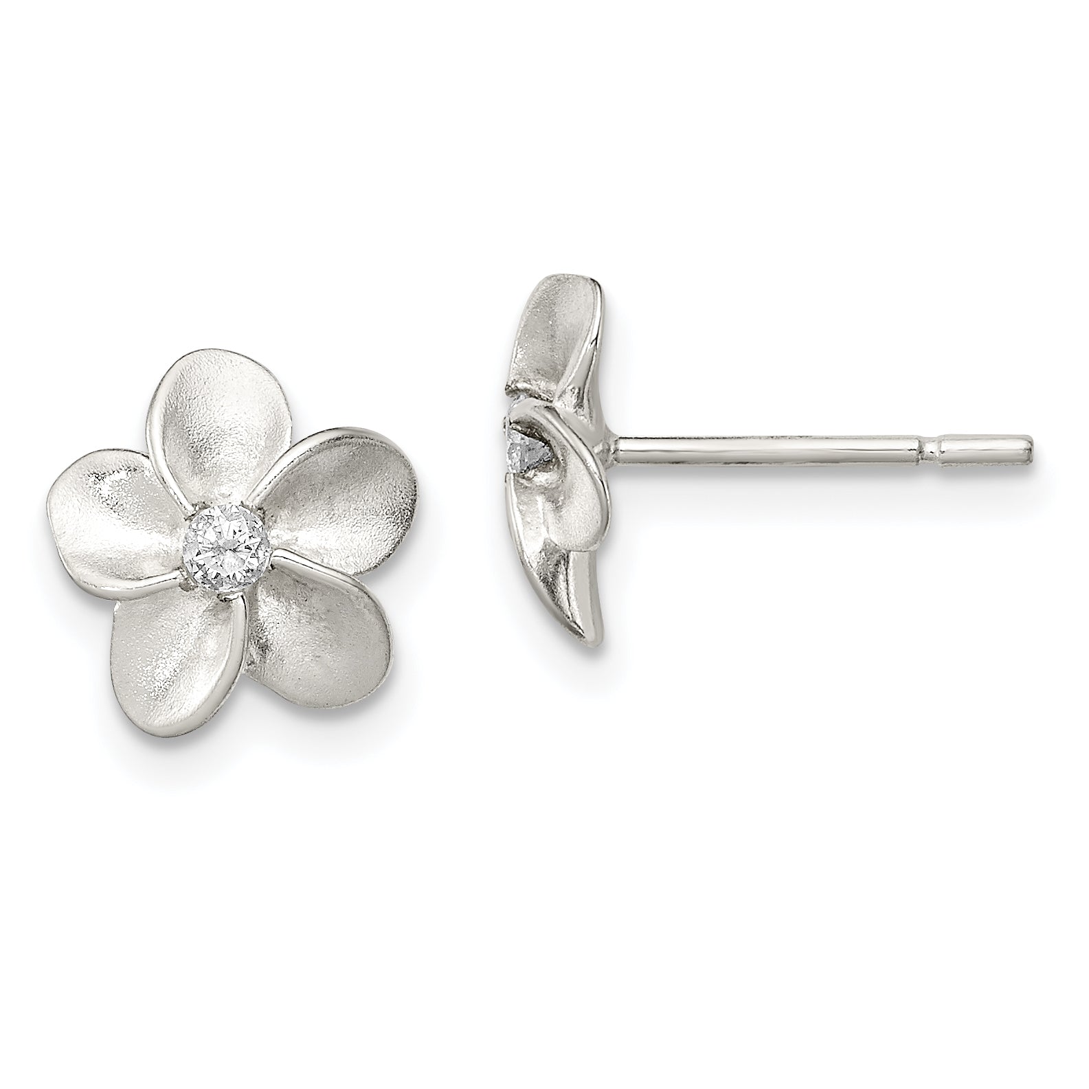 Sterling Silver Polished & Satin CZ Flower Post Earrings Main image