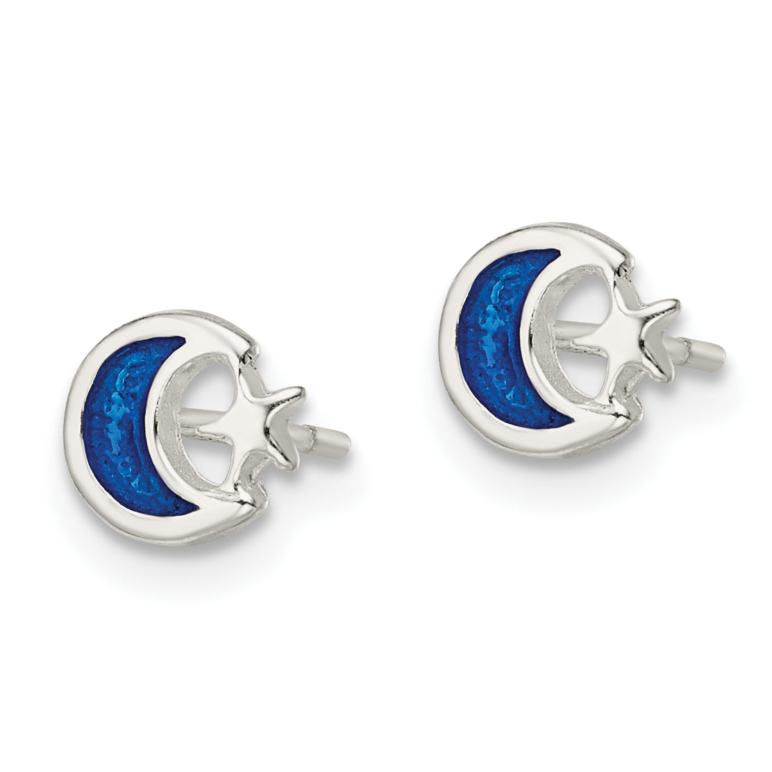 Sterling Silver Polished Blue Enamel Moon & Star Children's Post Earrings Secondary image