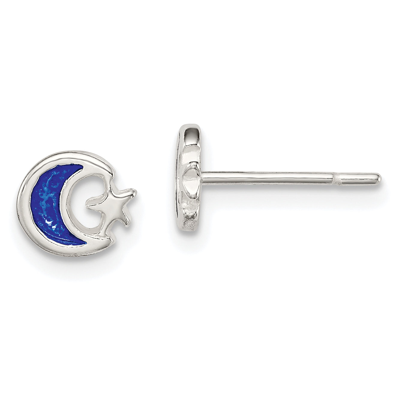 Sterling Silver Polished Blue Enamel Moon & Star Children's Post Earrings Main image