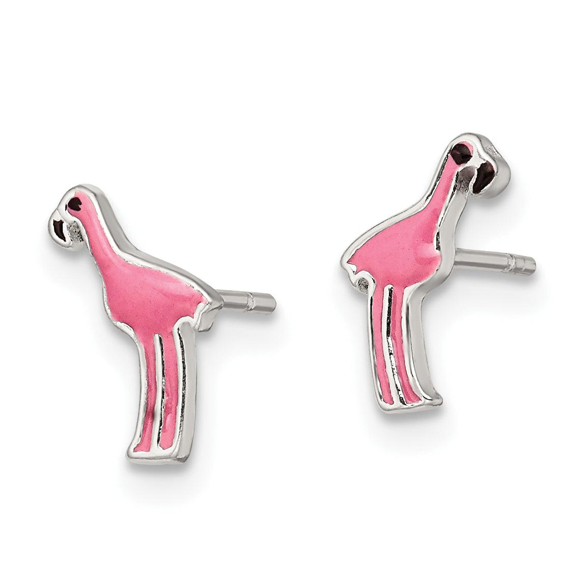 Sterling Silver Polished Pink & Black Enameled Flamingo Post Earrings Secondary image
