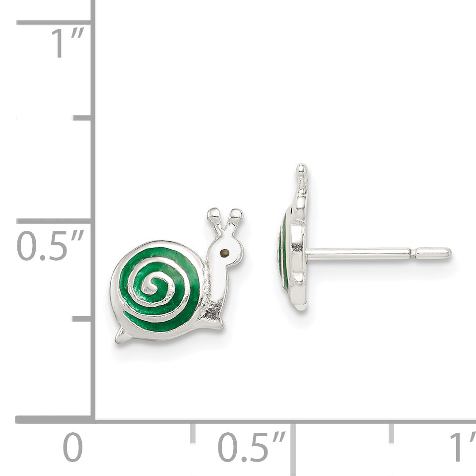 Sterling Silver Polished Green & Black Enameled Snail Post Earrings