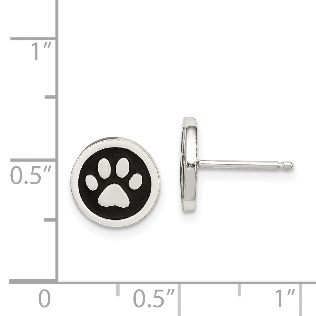 Sterling Silver Polished Enamel Paw Print Post Earrings