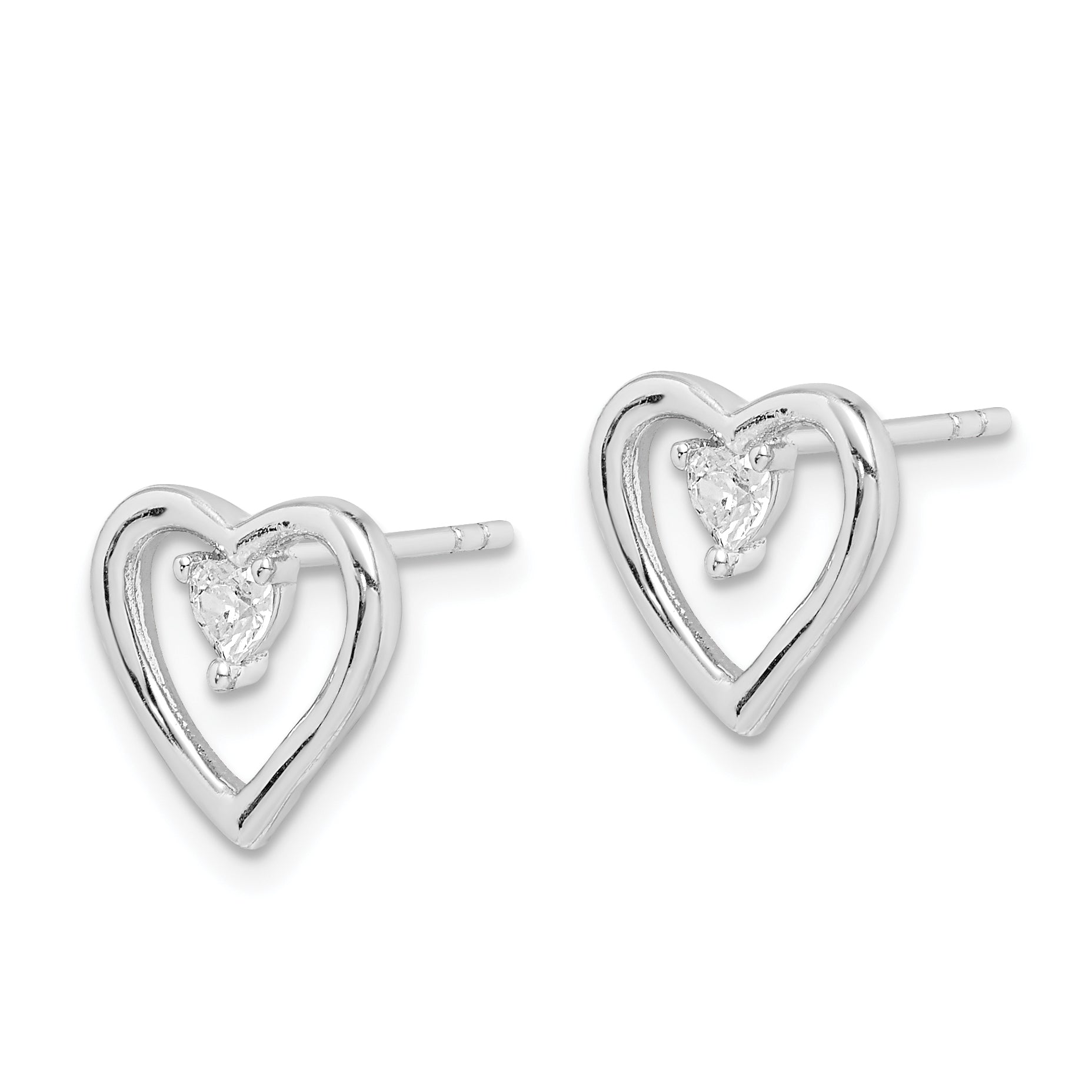 Sterling Silver Rhodium-plated CZ Polished Heart Post Earrings Secondary image