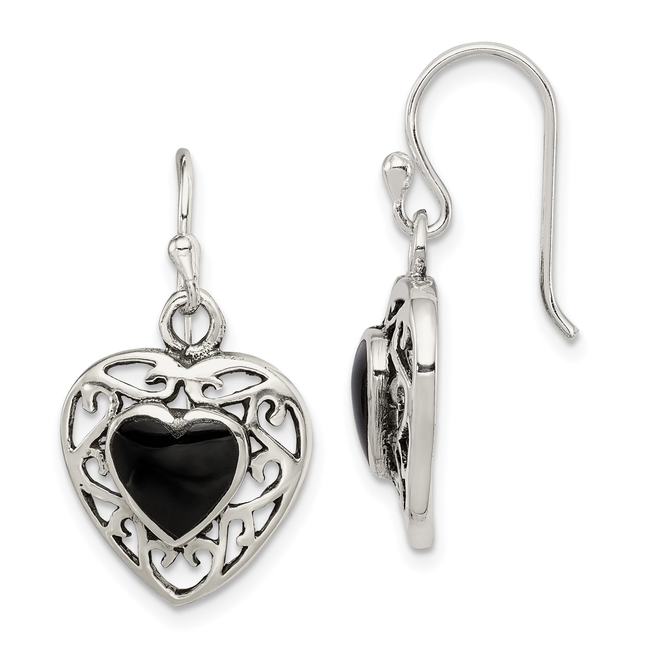 Sterling Silver Antiqued Onyx Heart Dangle Earrings Main image