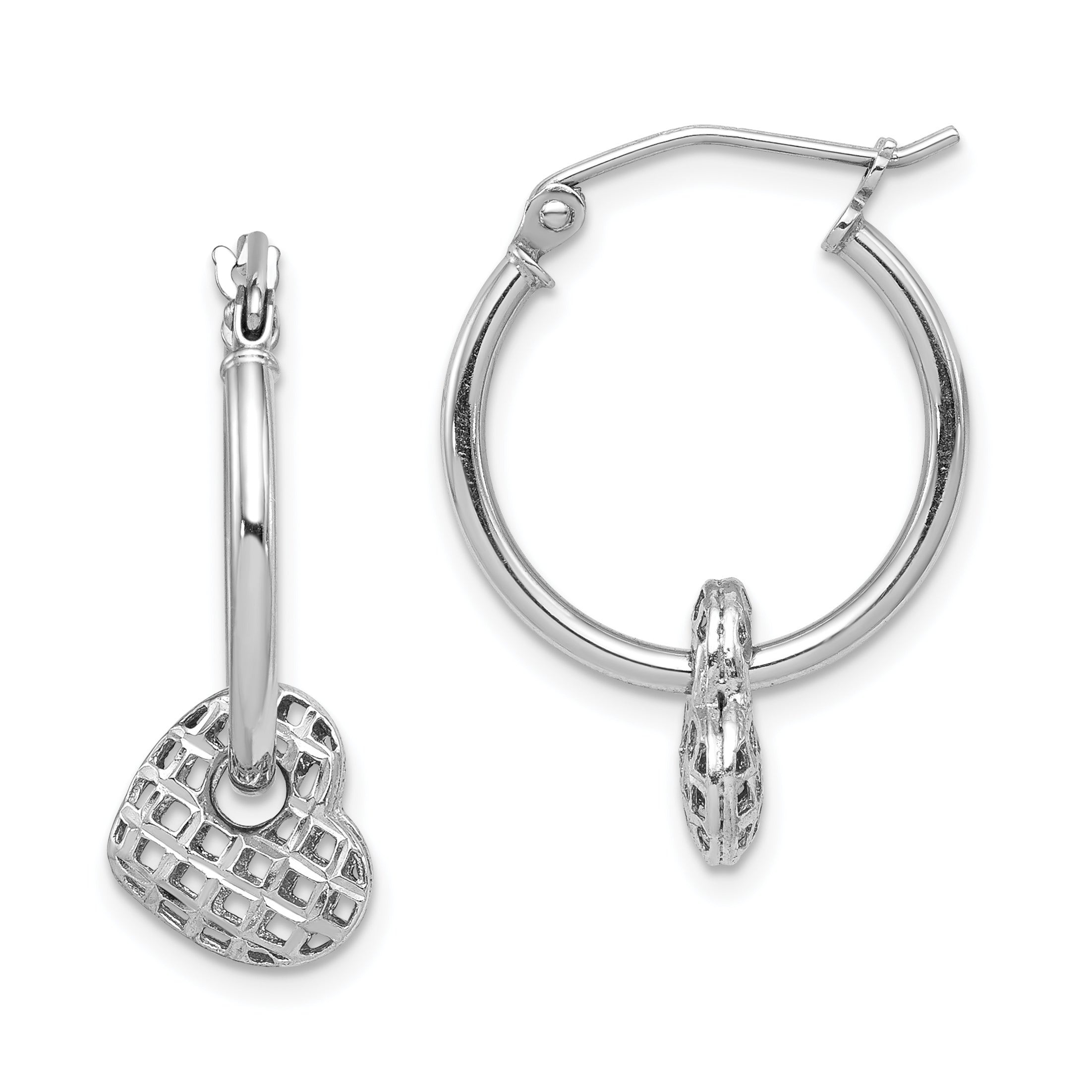 Sterling Silver Rhodium Plated Moveable Heart Hoop Earrings Main image