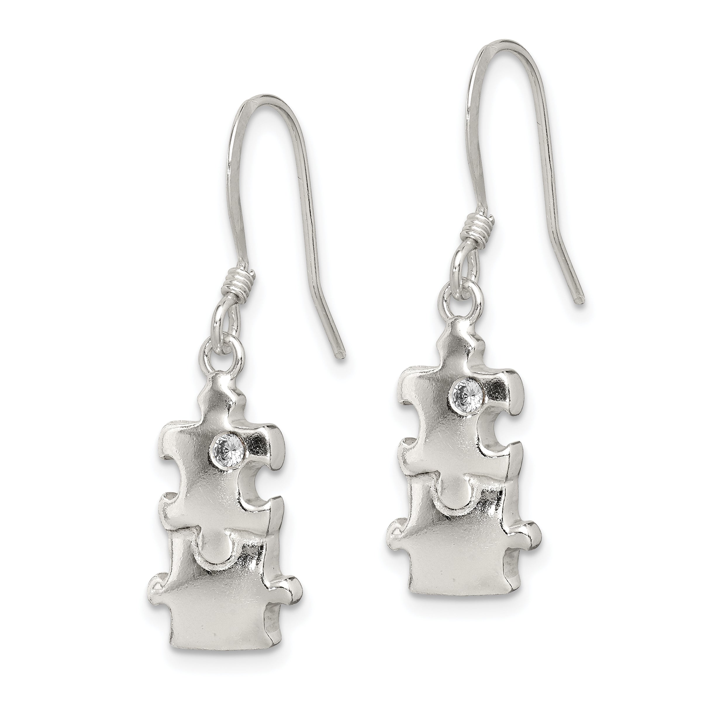 Sterling Silver Polished CZ Puzzle Pieces Dangle Earrings Secondary image