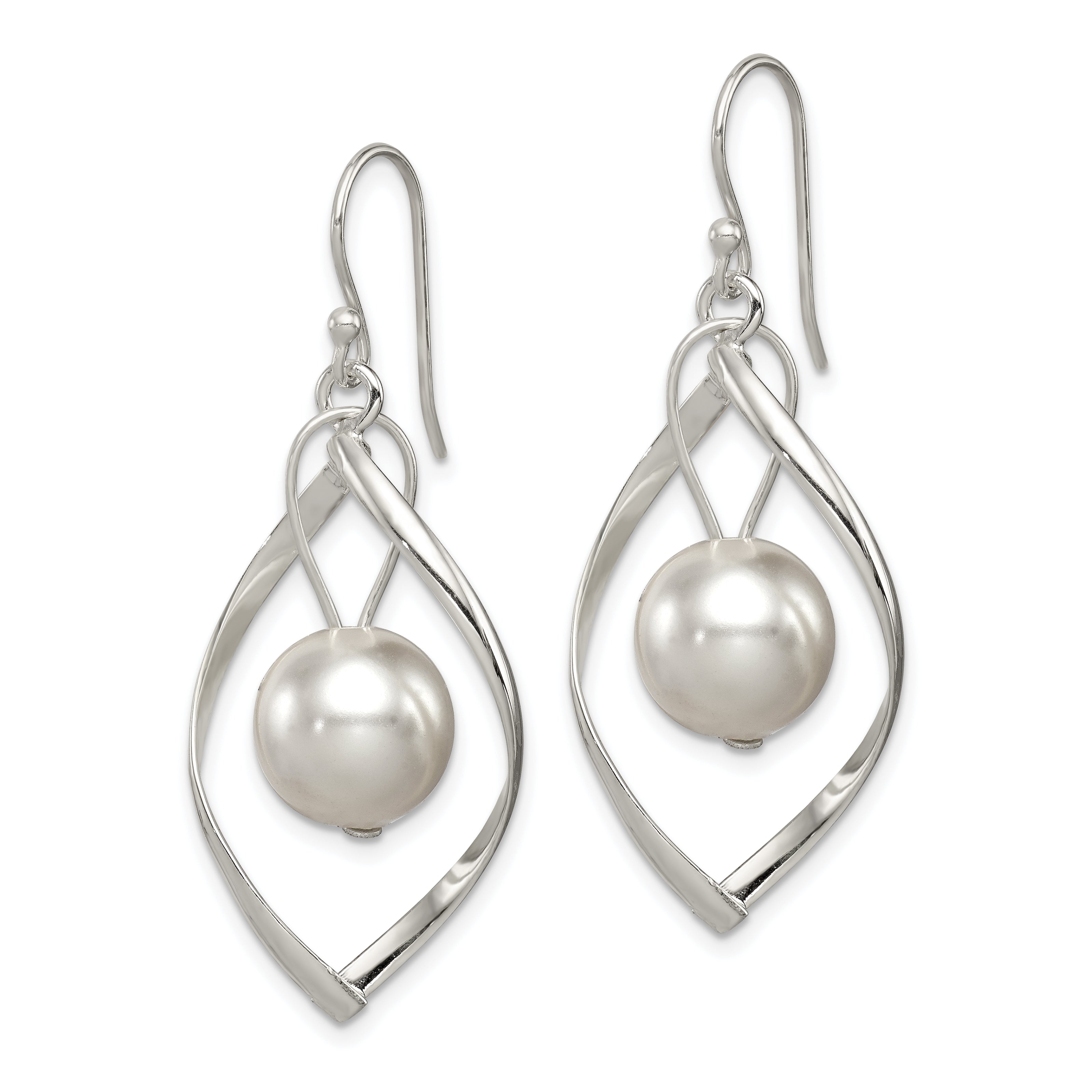 Sterling Silver Polished Simulated Pearl Twisted Dangle Earrings Secondary image