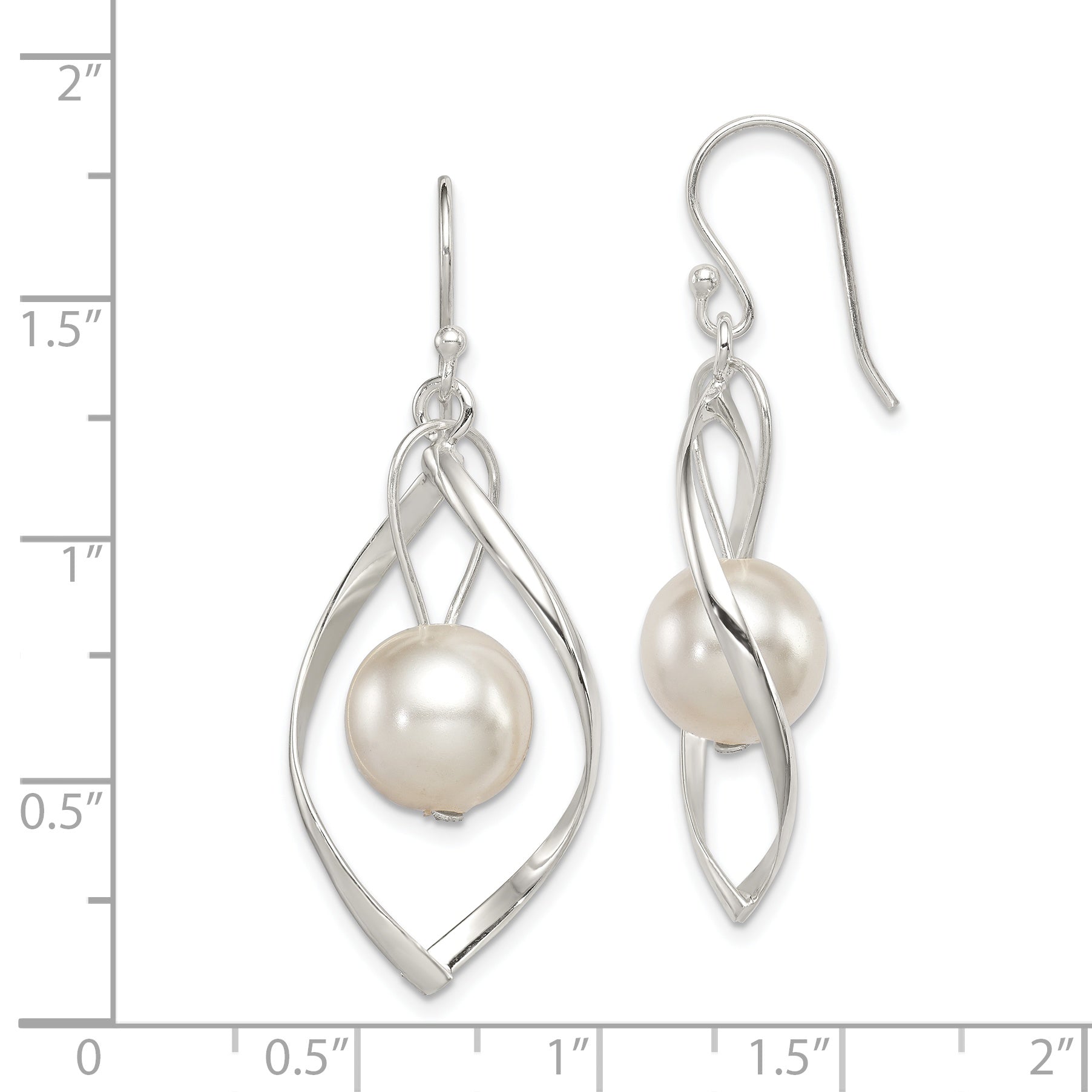 Sterling Silver Polished Simulated Pearl Twisted Dangle Earrings