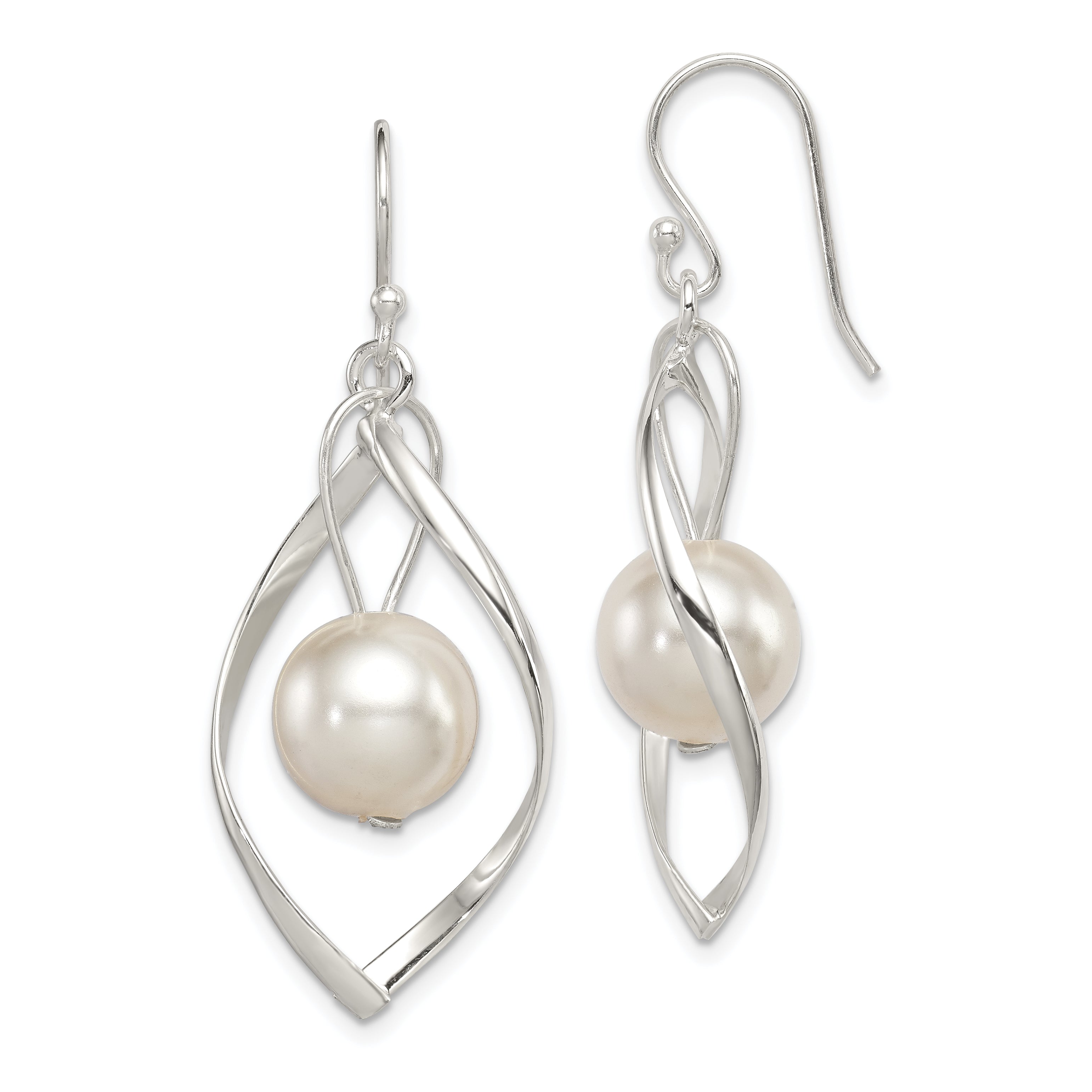 Sterling Silver Polished Simulated Pearl Twisted Dangle Earrings Main image