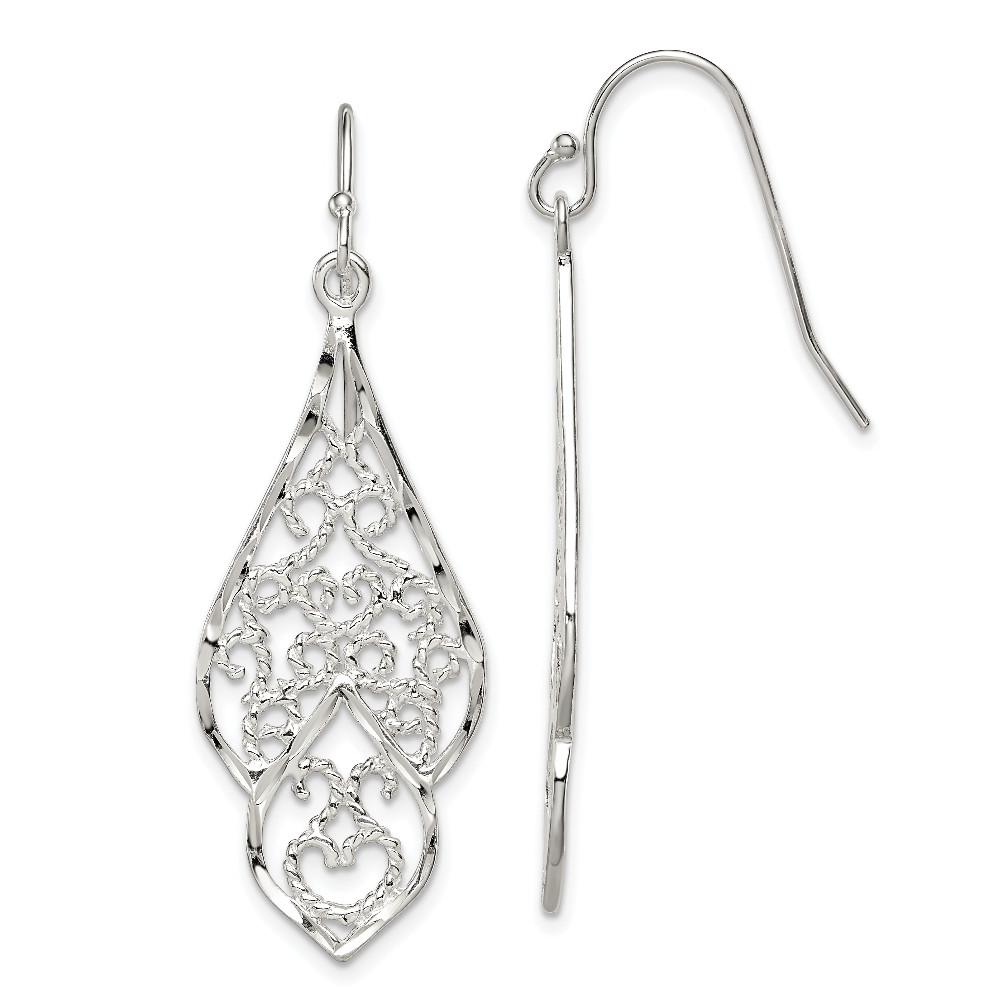 Sterling Silver Polished & Diamond-cut Fancy Filigree Dangle Earrings Main image