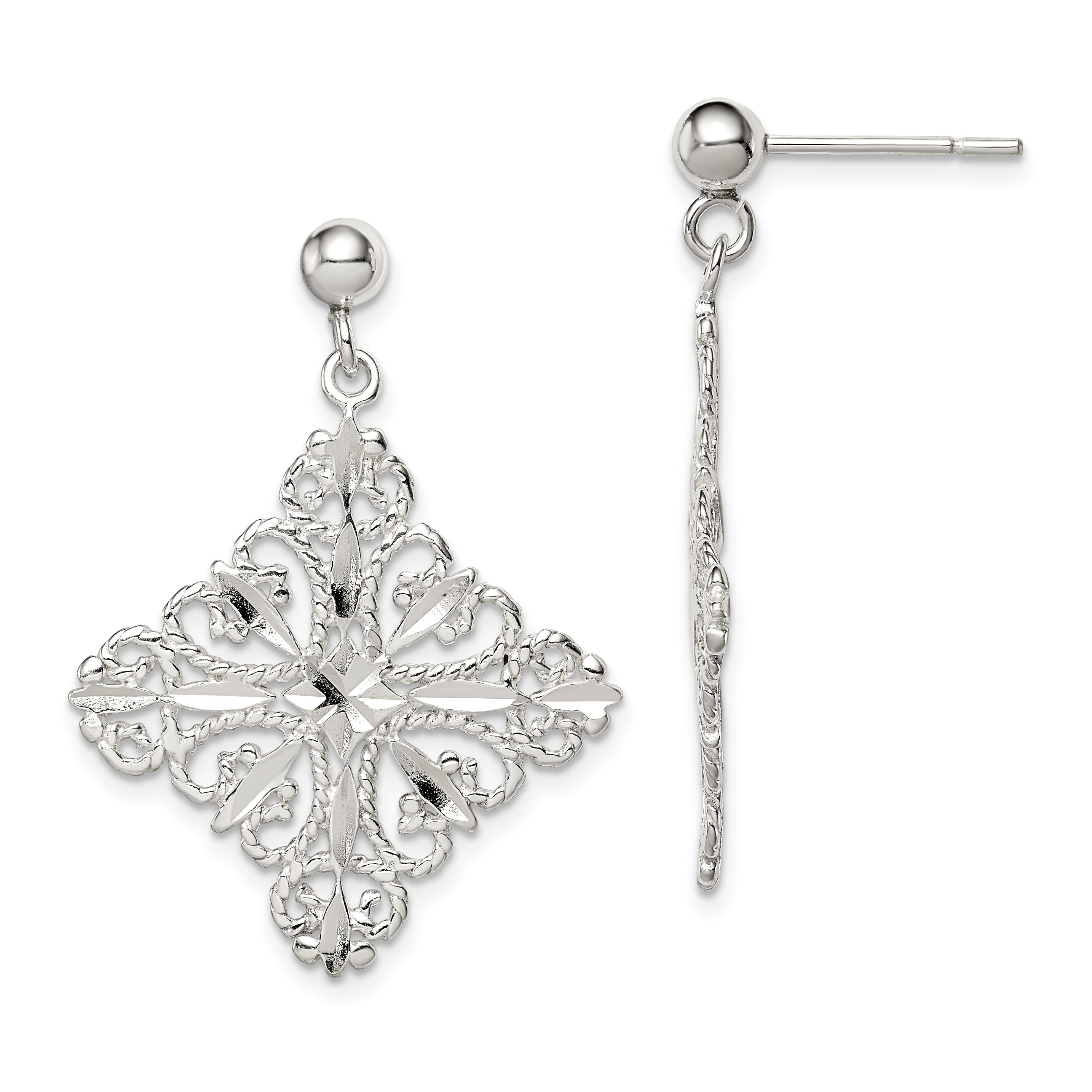 Sterling Silver Polished & Diamond-cut Filigree Square Post Dangle Earrings Main image
