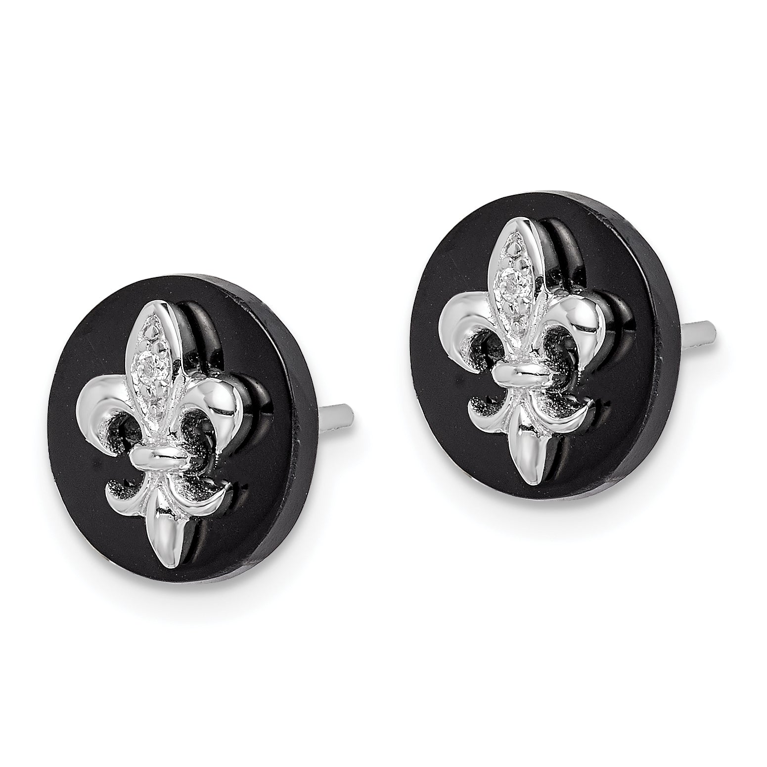 Sterling Silver Rhodium-plated CZ Fleur de Lis Onyx Circle Stud Earrings Secondary image