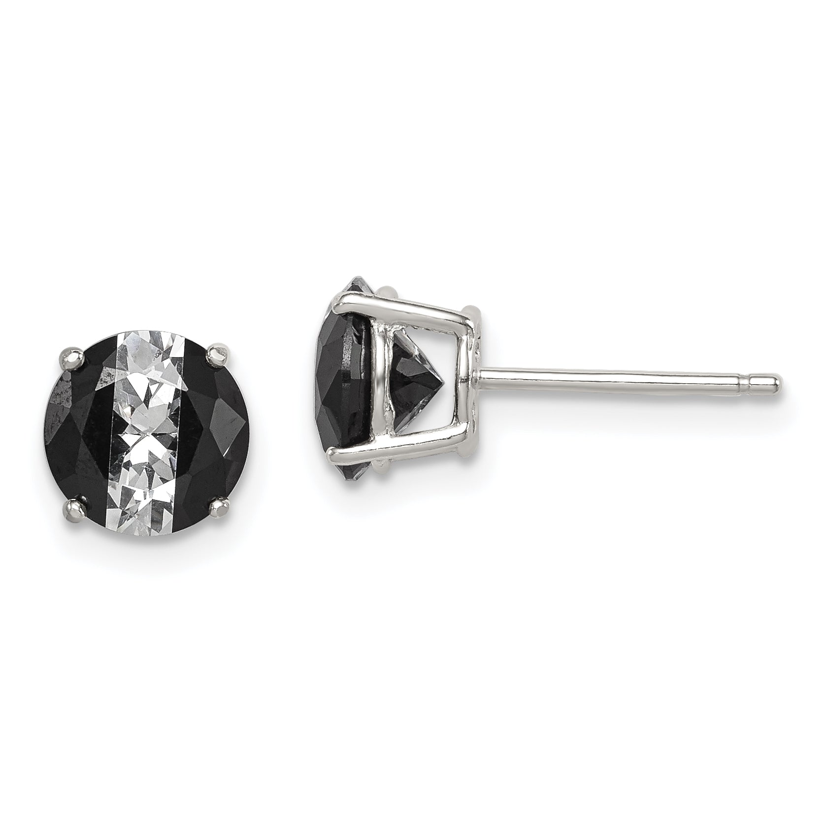 Sterling Silver RH-pltd Black/White 7mm Round CZ Basket Set Stud Earrings Main image