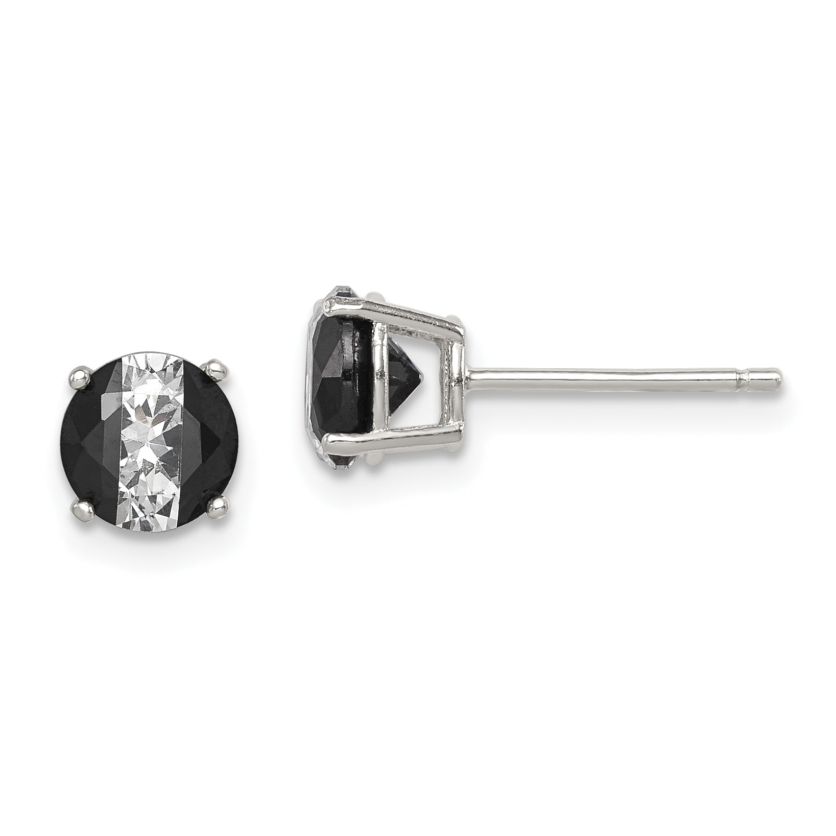 Sterling Silver RH-pltd Black/White 6mm Round CZ Basket Set Stud Earrings Main image