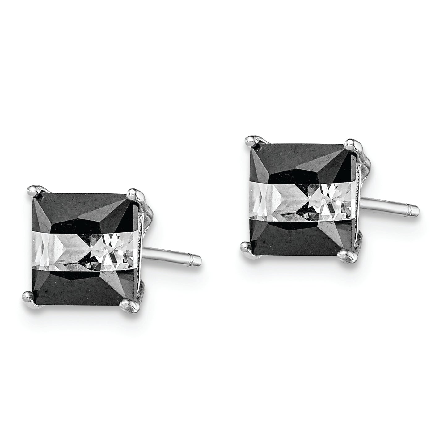 Sterling Silver RH-plated Black & White Square 6mm CZ Stud Earrings Secondary image