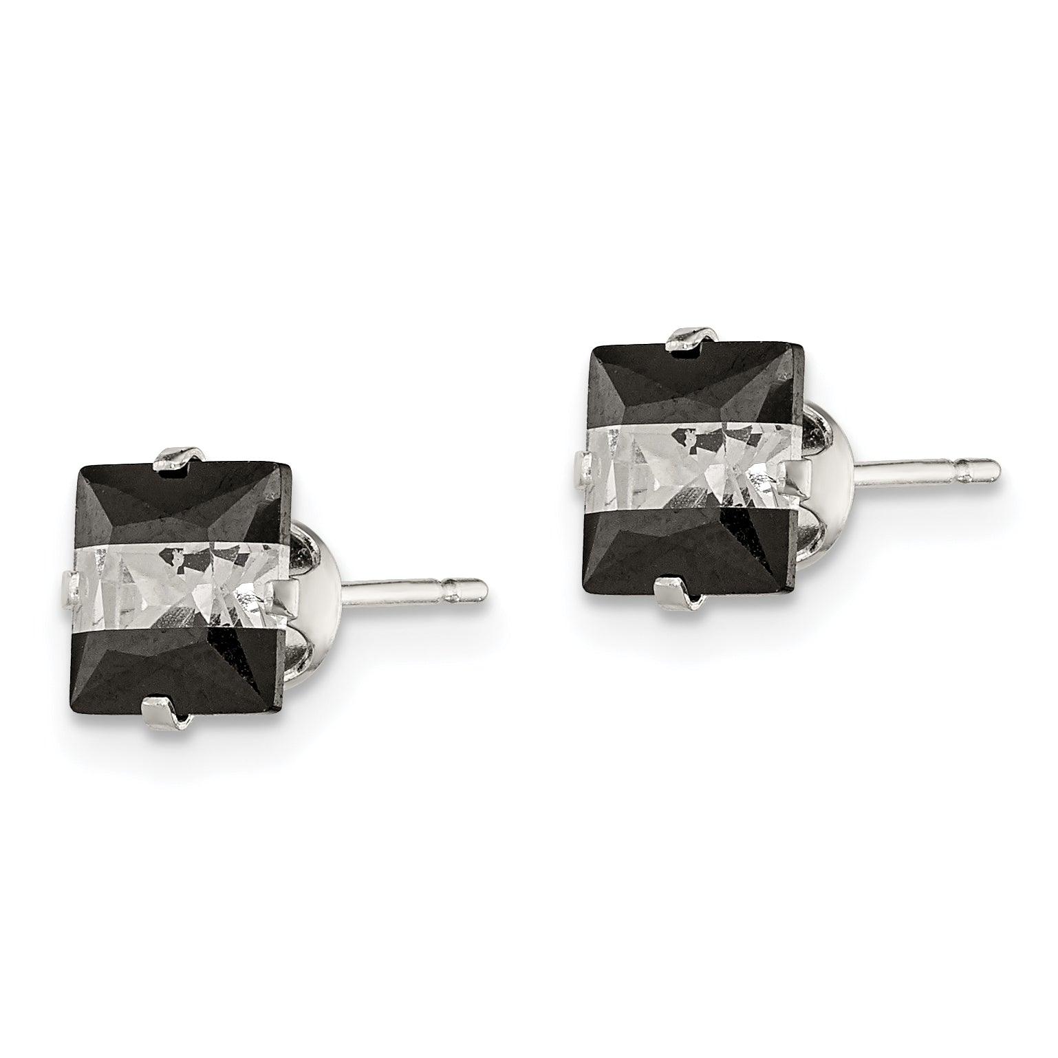 Sterling Silver Black & White 6mm Square CZ Snap-in Set Stud Earrings Secondary image