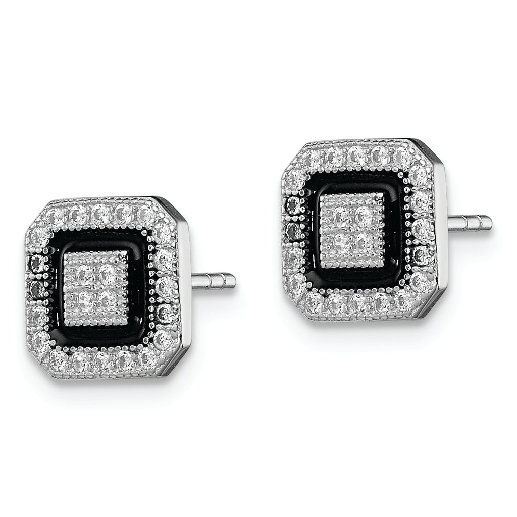 Sterling Silver RH-plated Black Enamel & PavÃƒÂƒÃ‚Â¢ÃƒÂ¢Ã¢Â€ÂšÃ‚Â¬ÃƒÂ…Ã‚Â¡ CZ Square Halo Post Earrings