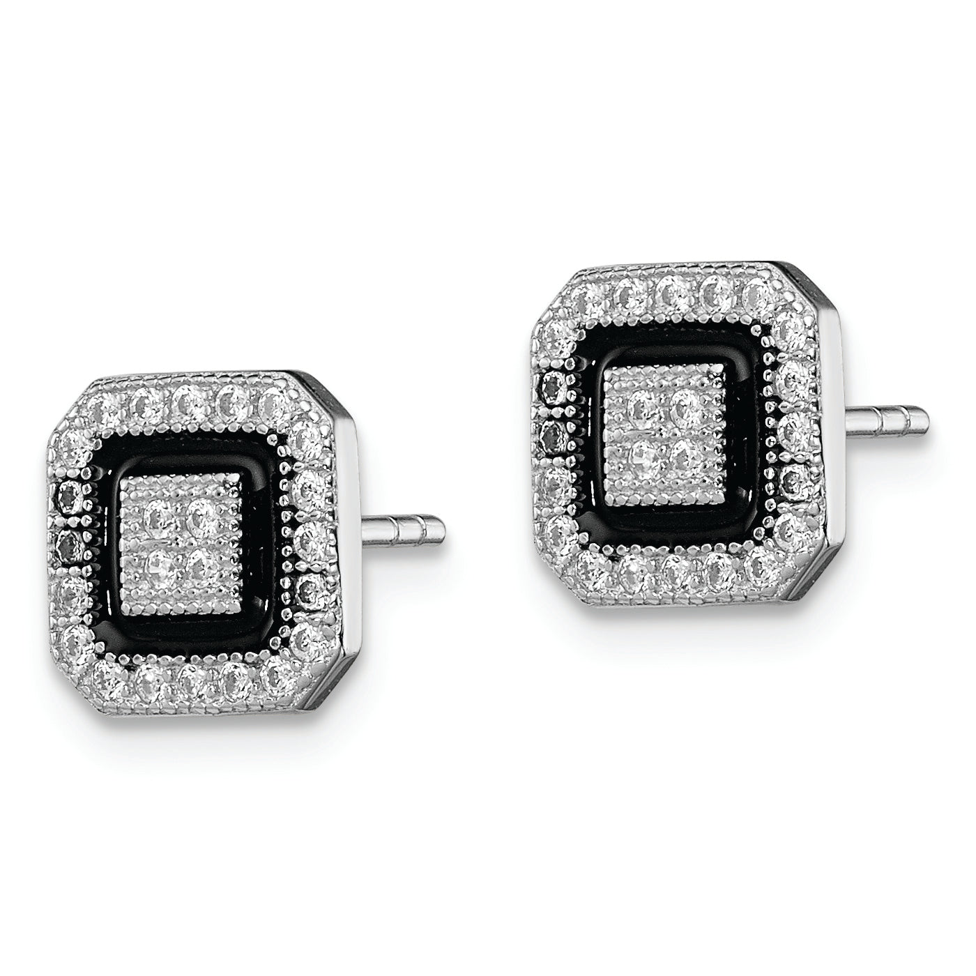Sterling Silver RH-plated Black Enamel & PavÃƒÂƒÃ‚Â¢ÃƒÂ¢Ã¢Â€ÂšÃ‚Â¬ÃƒÂ…Ã‚Â¡ CZ Square Halo Post Earrings