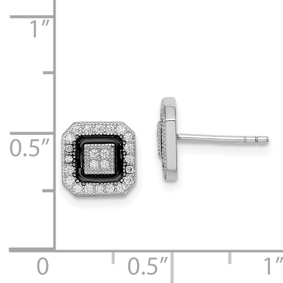 Sterling Silver RH-plated Black Enamel & PavÃƒÂƒÃ‚Â¢ÃƒÂ¢Ã¢Â€ÂšÃ‚Â¬ÃƒÂ…Ã‚Â¡ CZ Square Halo Post Earrings