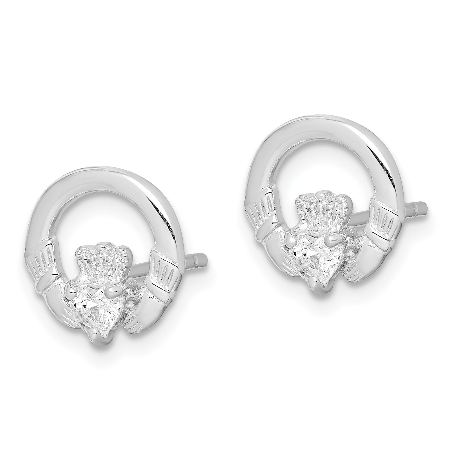 Sterling Silver Rhodium-plated CZ Heart Claddagh Post Earrings Secondary image
