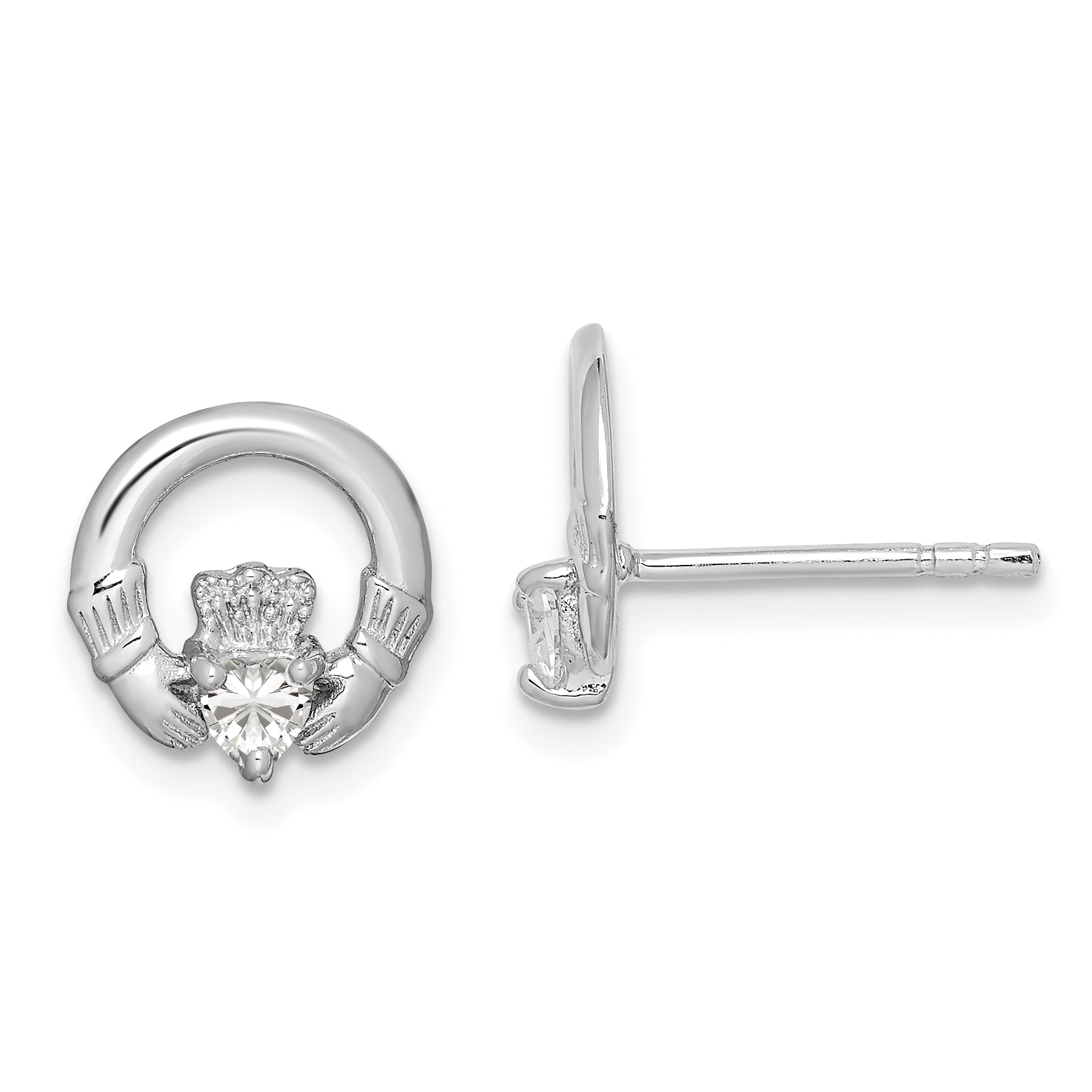 Sterling Silver Rhodium-plated CZ Heart Claddagh Post Earrings Main image