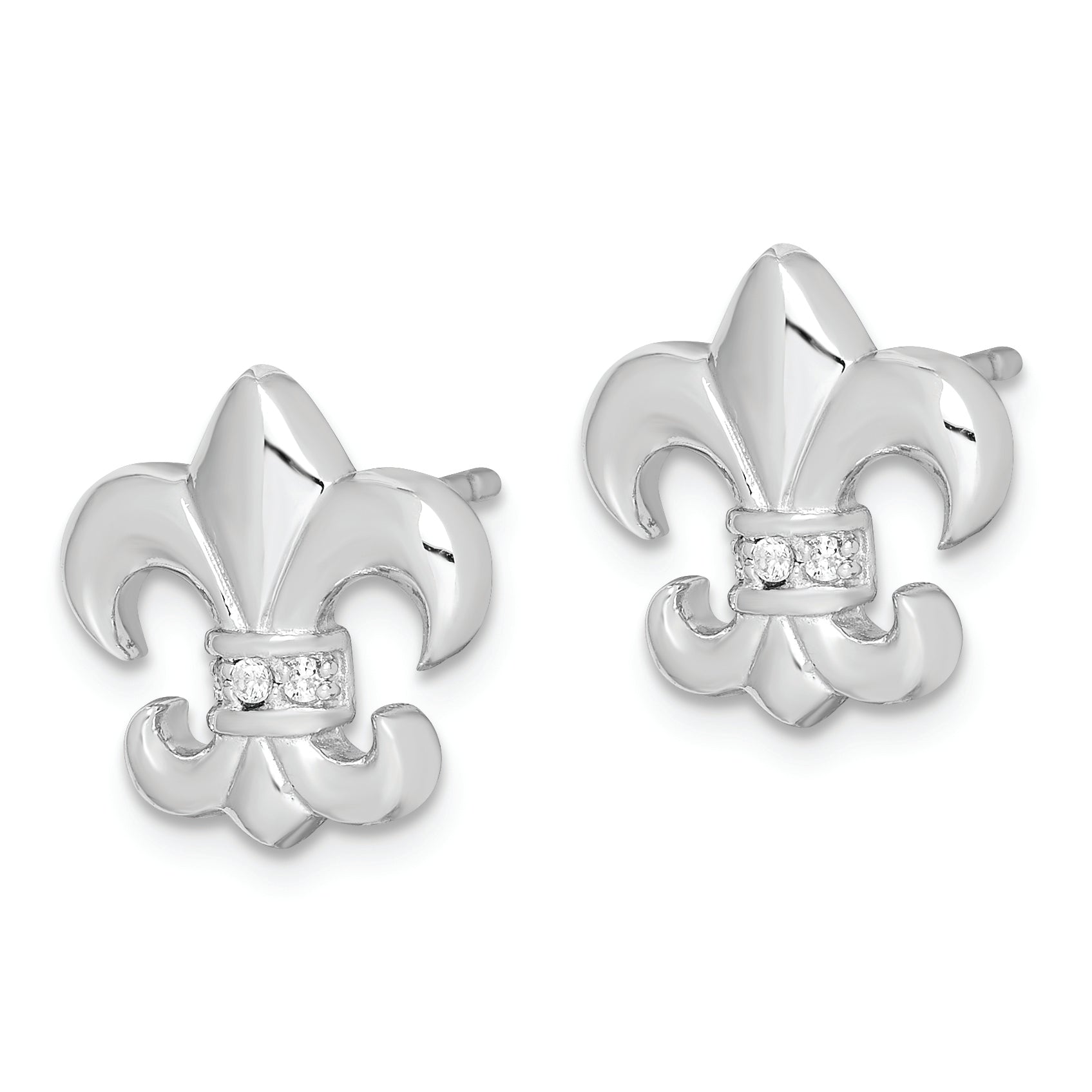Sterling Silver Rhodium-plated Polished CZ Fleur de Lis Post Earrings Secondary image