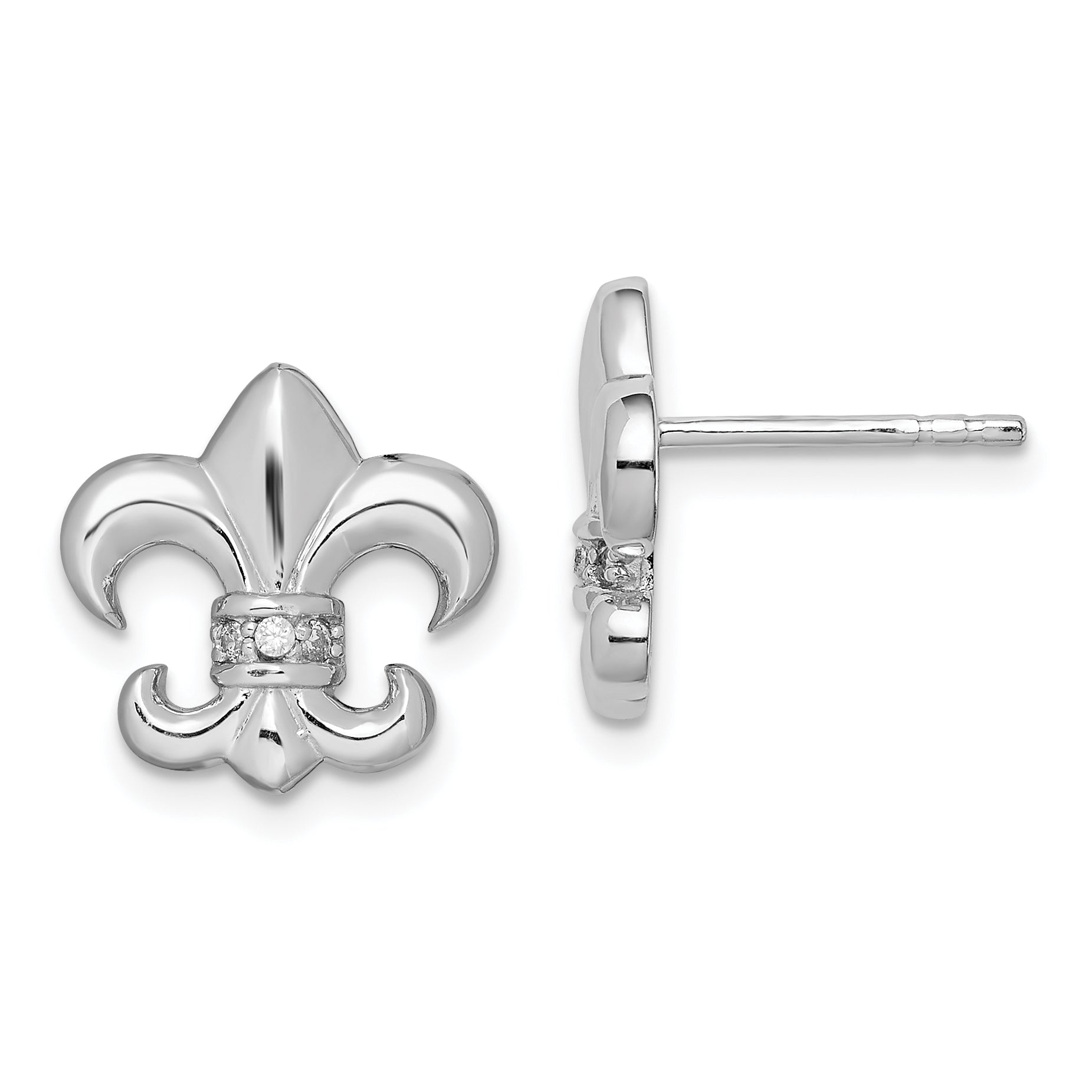 Sterling Silver Rhodium-plated Polished CZ Fleur de Lis Post Earrings Main image