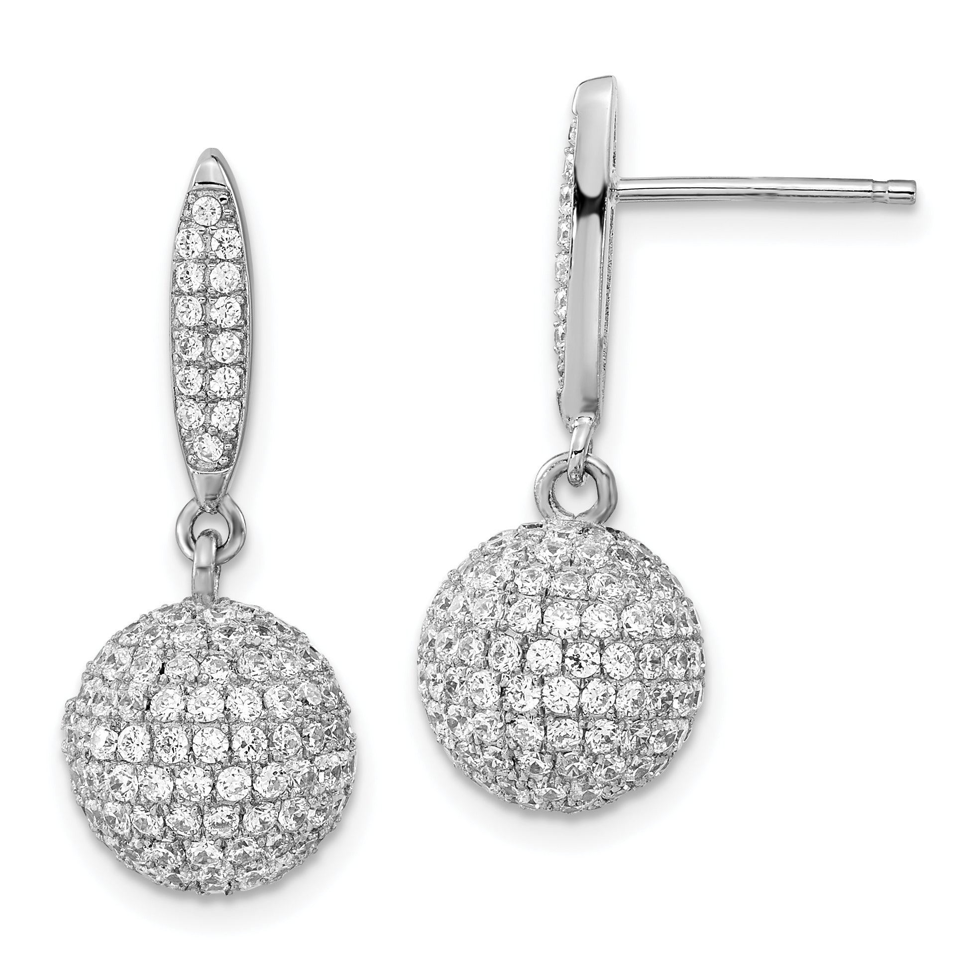 Sterling Silver Rhodium-plated Pav‚ CZ 3-D Ball Post Dangle Earrings