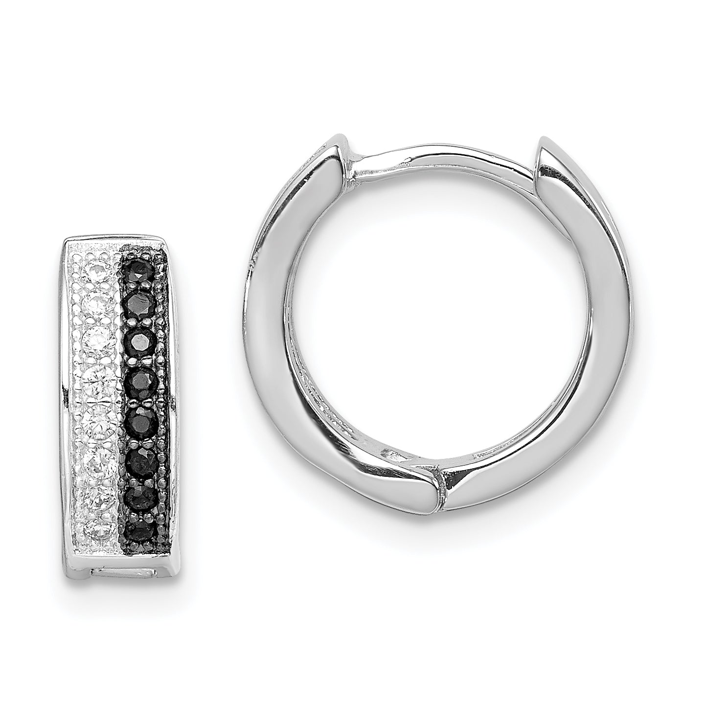 Sterling Silver RH-plated Black & White CZ Hinged Round Hoop Earrings Main image