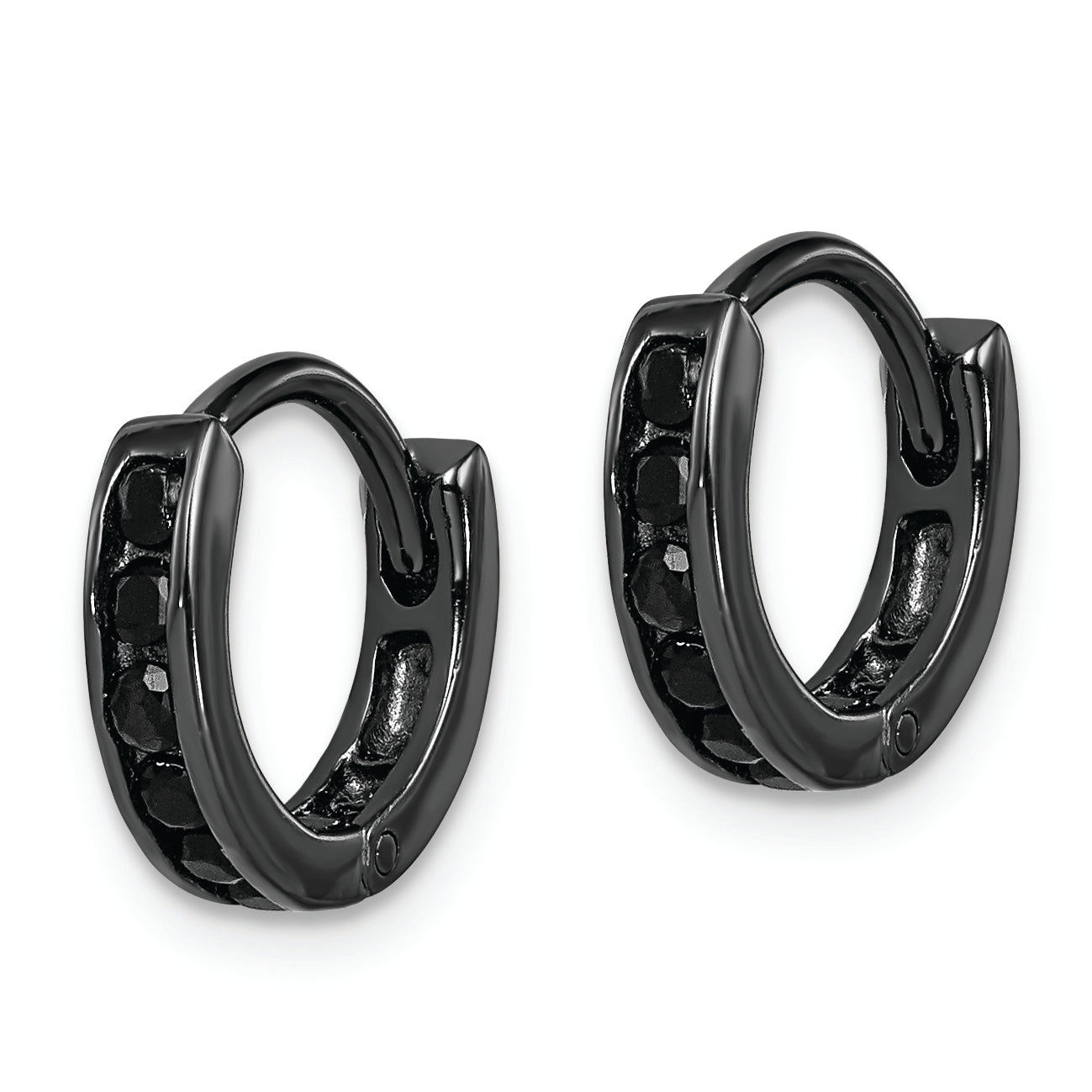 Sterling Silver Black RH-plated Black CZ Hinged Round Hoop Earrings Secondary image