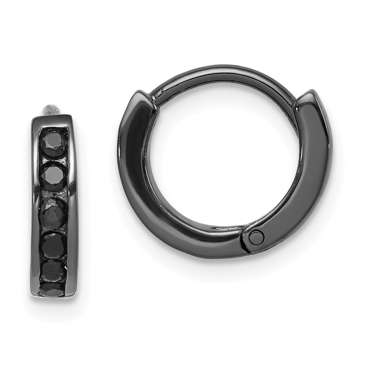Sterling Silver Black RH-plated Black CZ Hinged Round Hoop Earrings Main image
