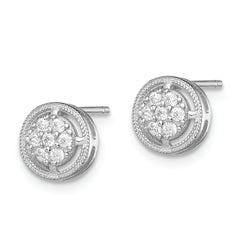 Sterling Silver Rhodium-plated Polished & Textured CZ Round Post Earrings