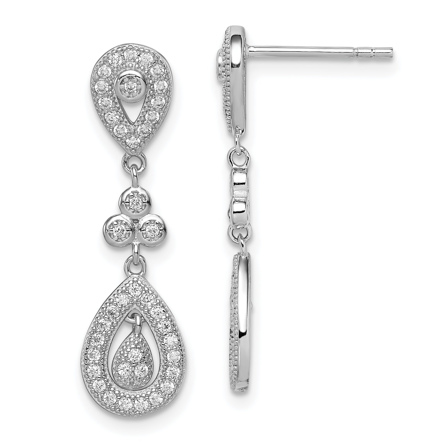 Sterling Silver Rhodium-plated CZ Pav‚ Pear Dangle Post Earrings Main image