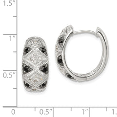 Sterling Silver Black/White Rhod-plated CZ Hinged Oval Hoop Earrings