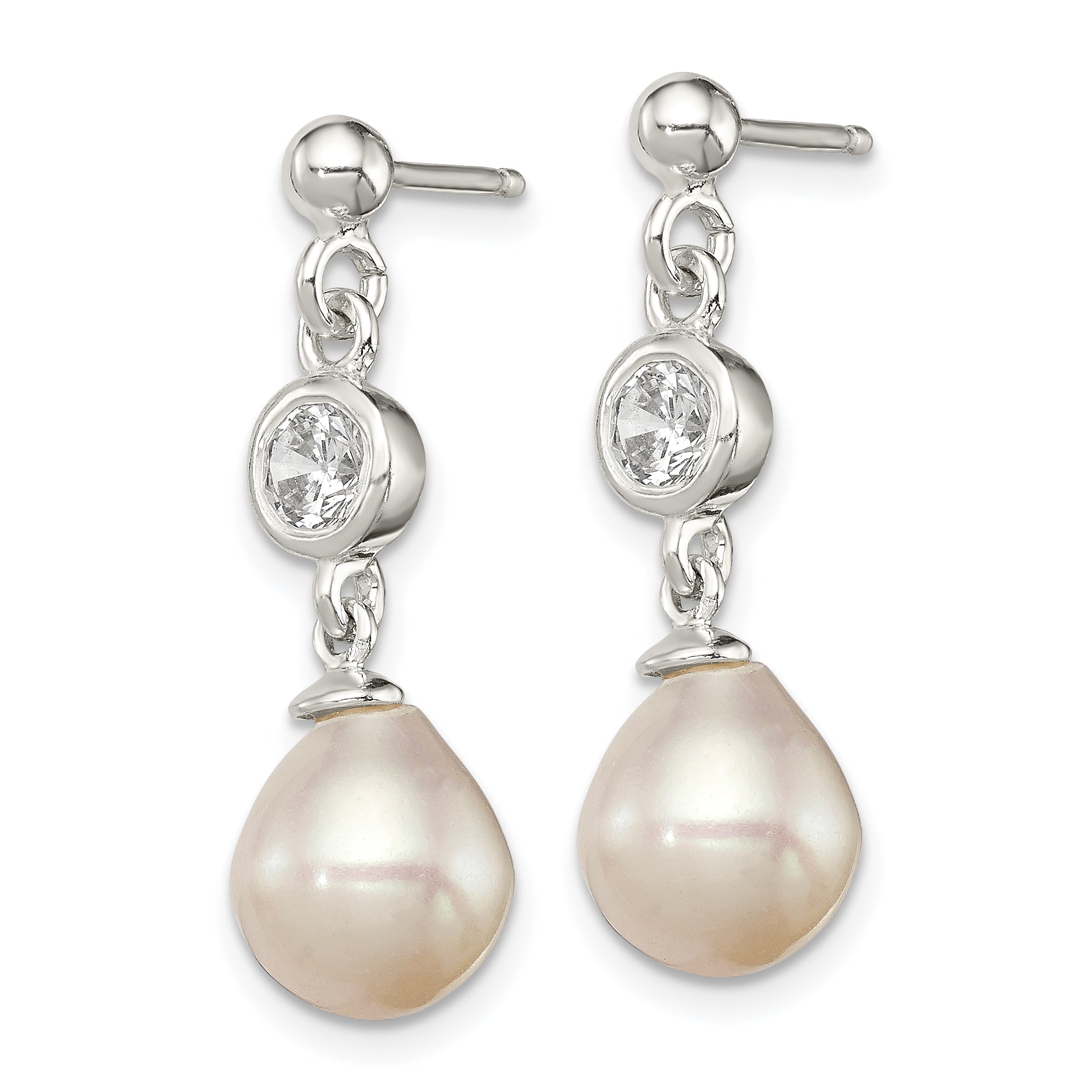 Sterling Silver Polished FWC Pearl and CZ Post Dangle Earrings Secondary image