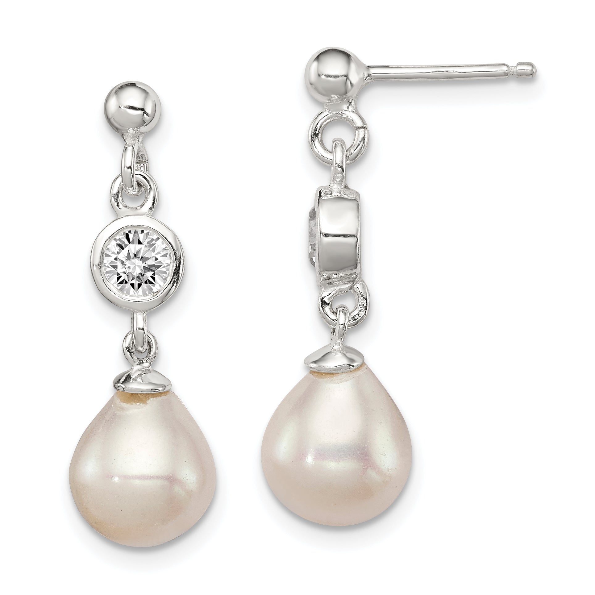 Sterling Silver Polished FWC Pearl and CZ Post Dangle Earrings Main image