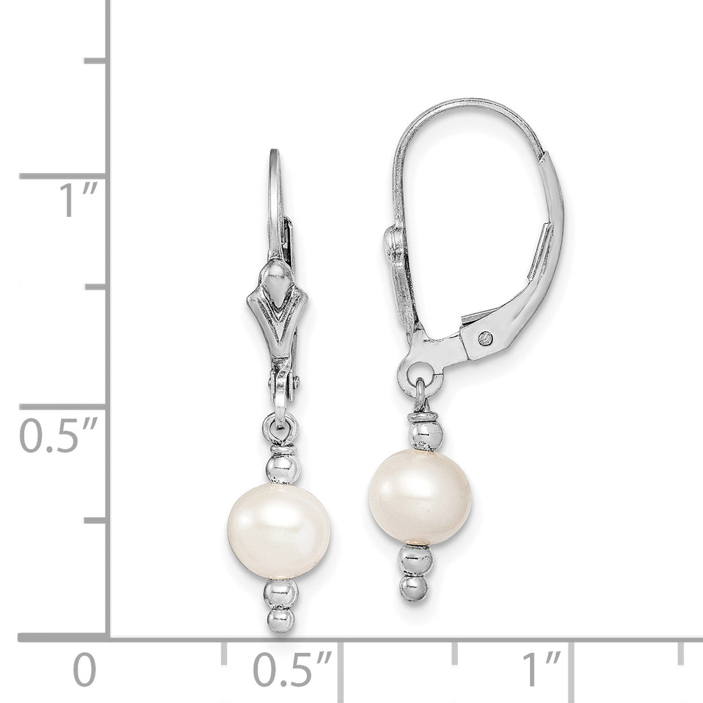 Sterling Silver Rhodium-plated Polished White 6-7mm Freshwater Cultured Pearl Leverback Dangle Earrings