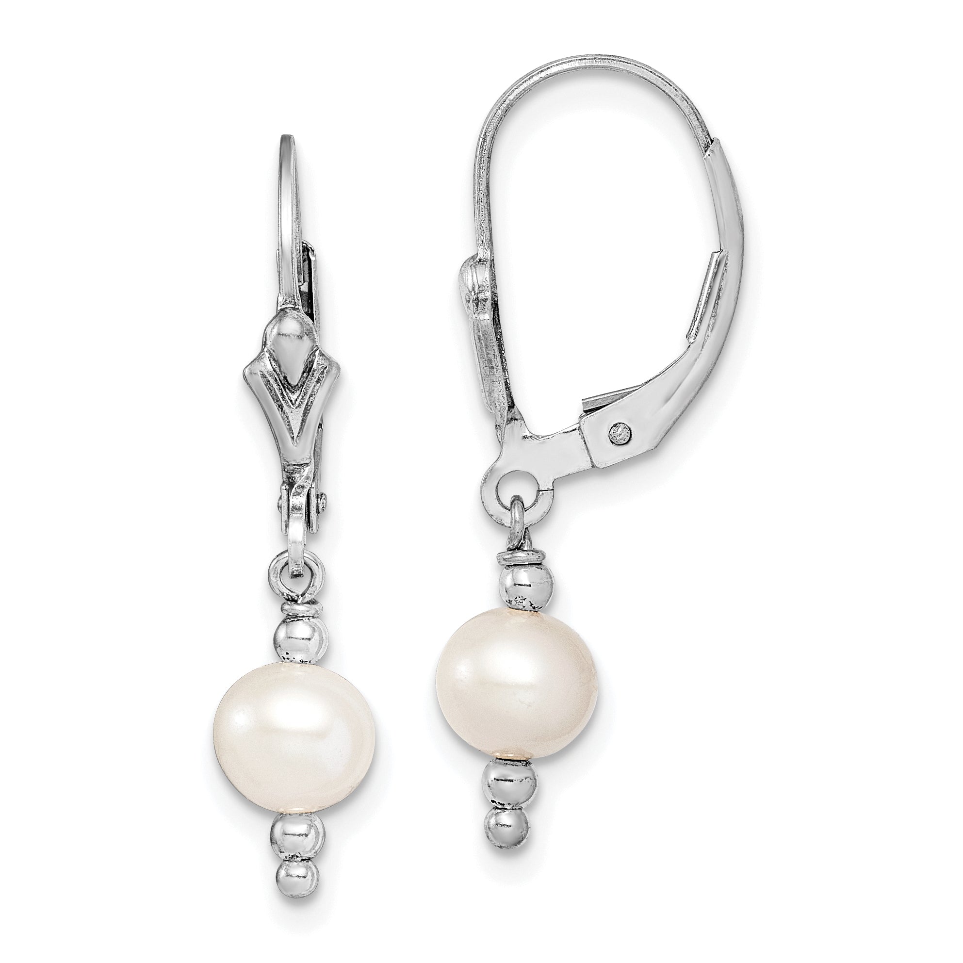 Sterling Silver Rhodium-plated Polished White 6-7mm Freshwater Cultured Pearl Leverback Dangle Earrings Main image