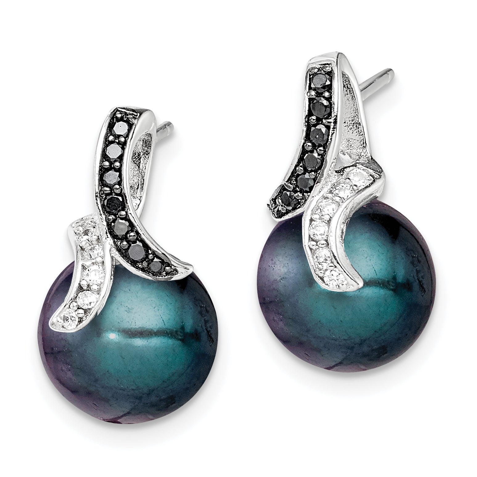 Sterling Silver Polished Black and White CZ with 9-10mm Black Imitation Shell Pearl Post Earrings Secondary image