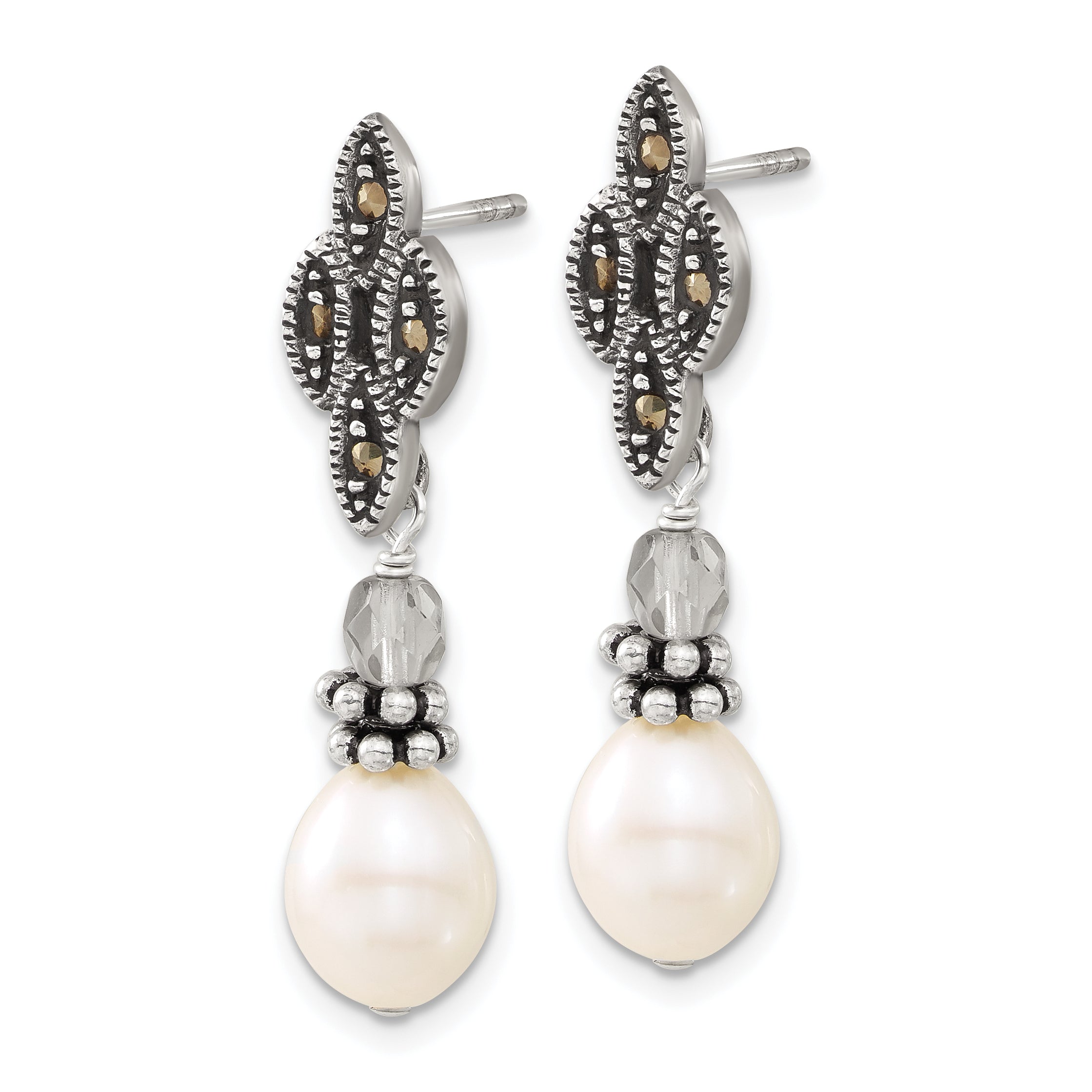 Sterling Silver Polished & Antiqued Crystal, Marcasite & FW Cultured Pearl Post Dangle Earrings Secondary image