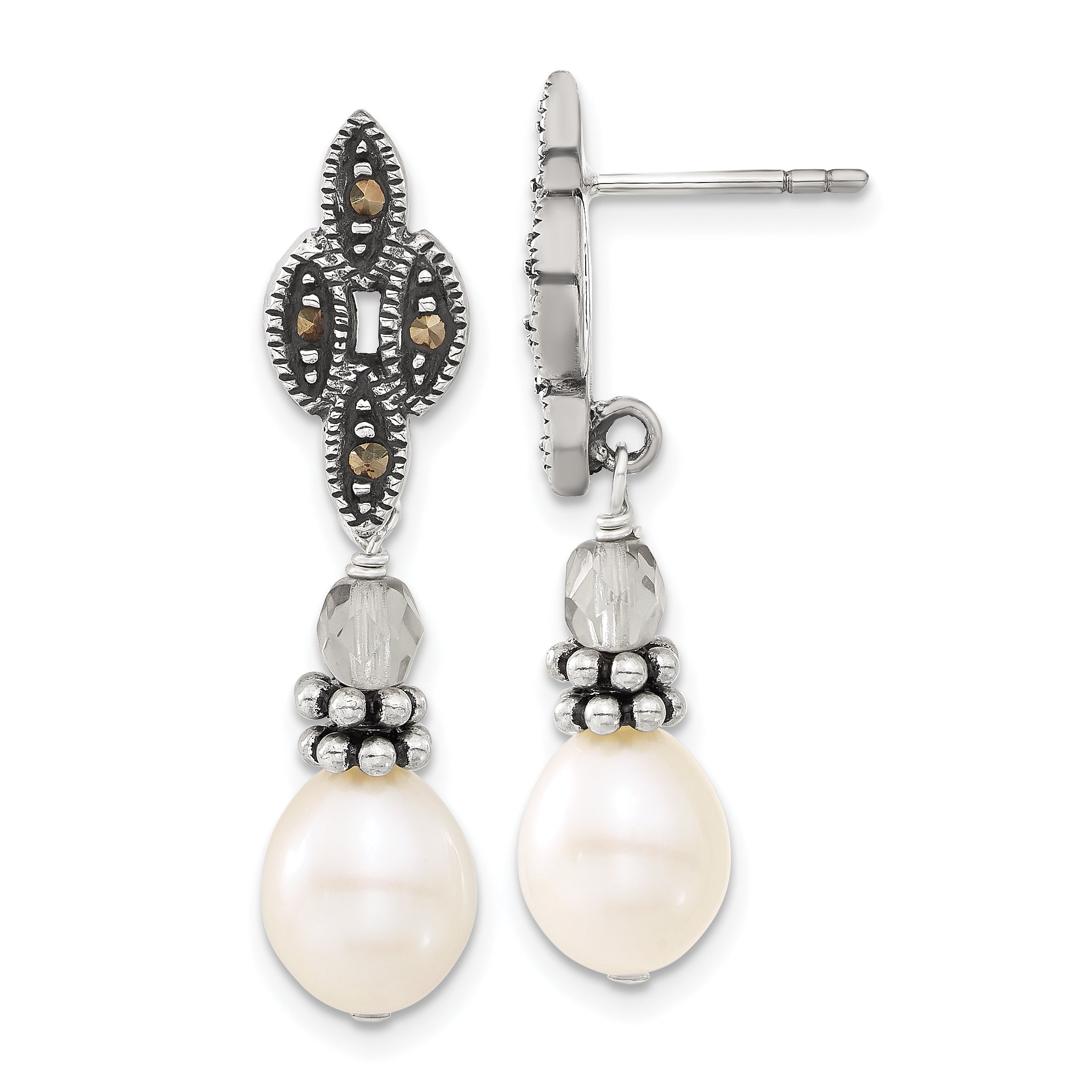 Sterling Silver Polished & Antiqued Crystal, Marcasite & FW Cultured Pearl Post Dangle Earrings Main image