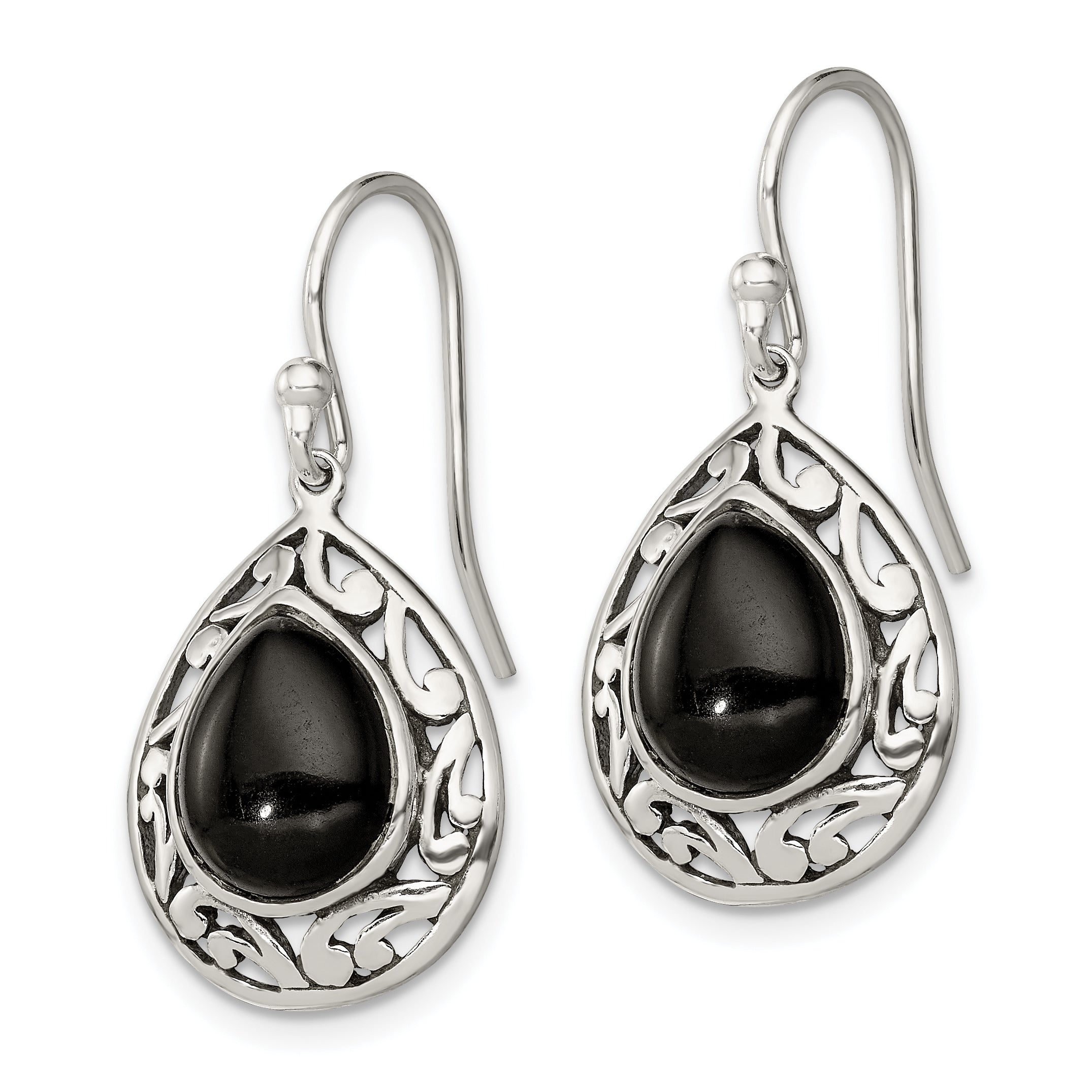 Sterling Silver Polished & Antiqued Filigree Onyx Teardrop Dangle Earrings Secondary image