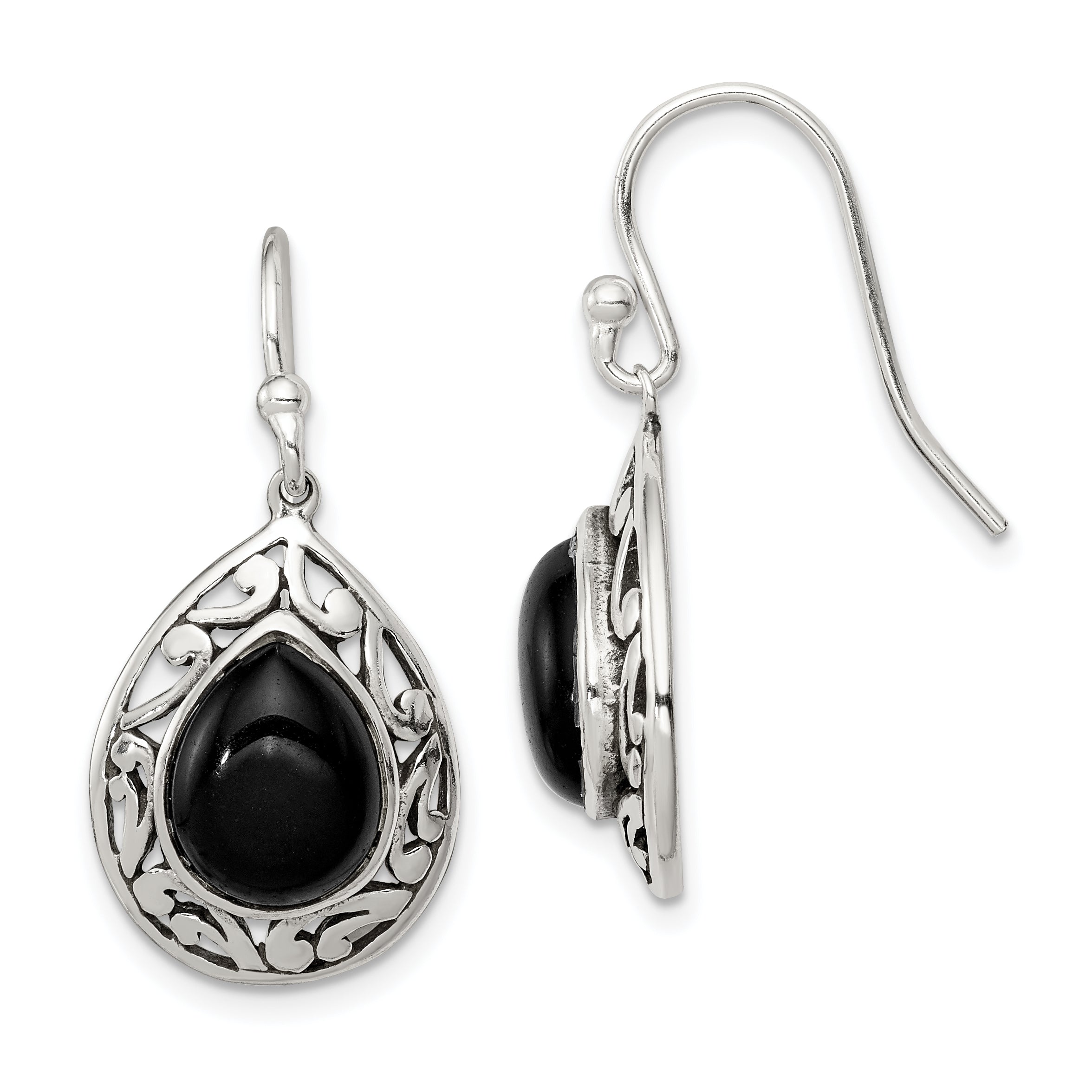 Sterling Silver Polished & Antiqued Filigree Onyx Teardrop Dangle Earrings Main image