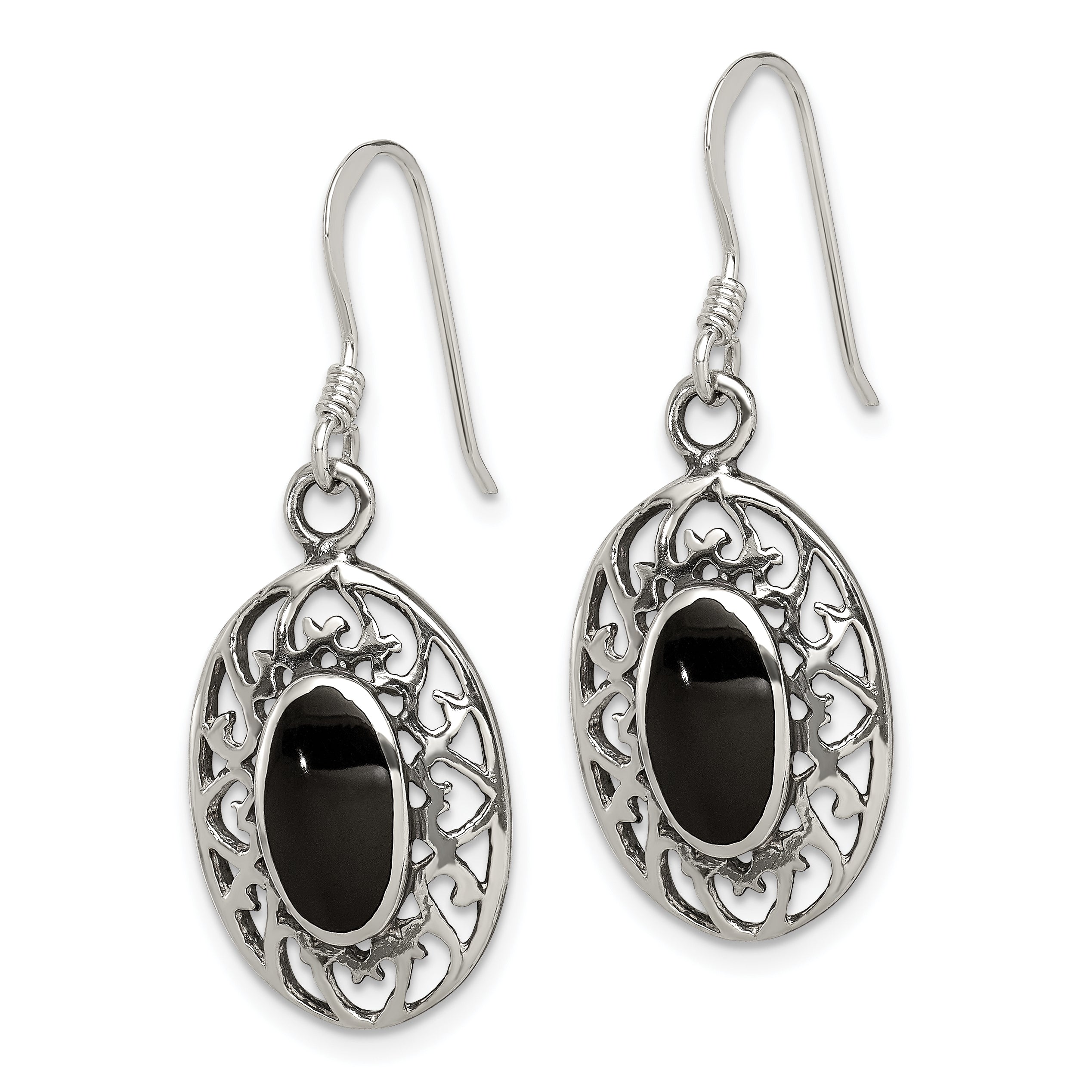 Sterling Silver Polished/Antiqued Filigree Black Agate Oval Dangle Earrings Secondary image