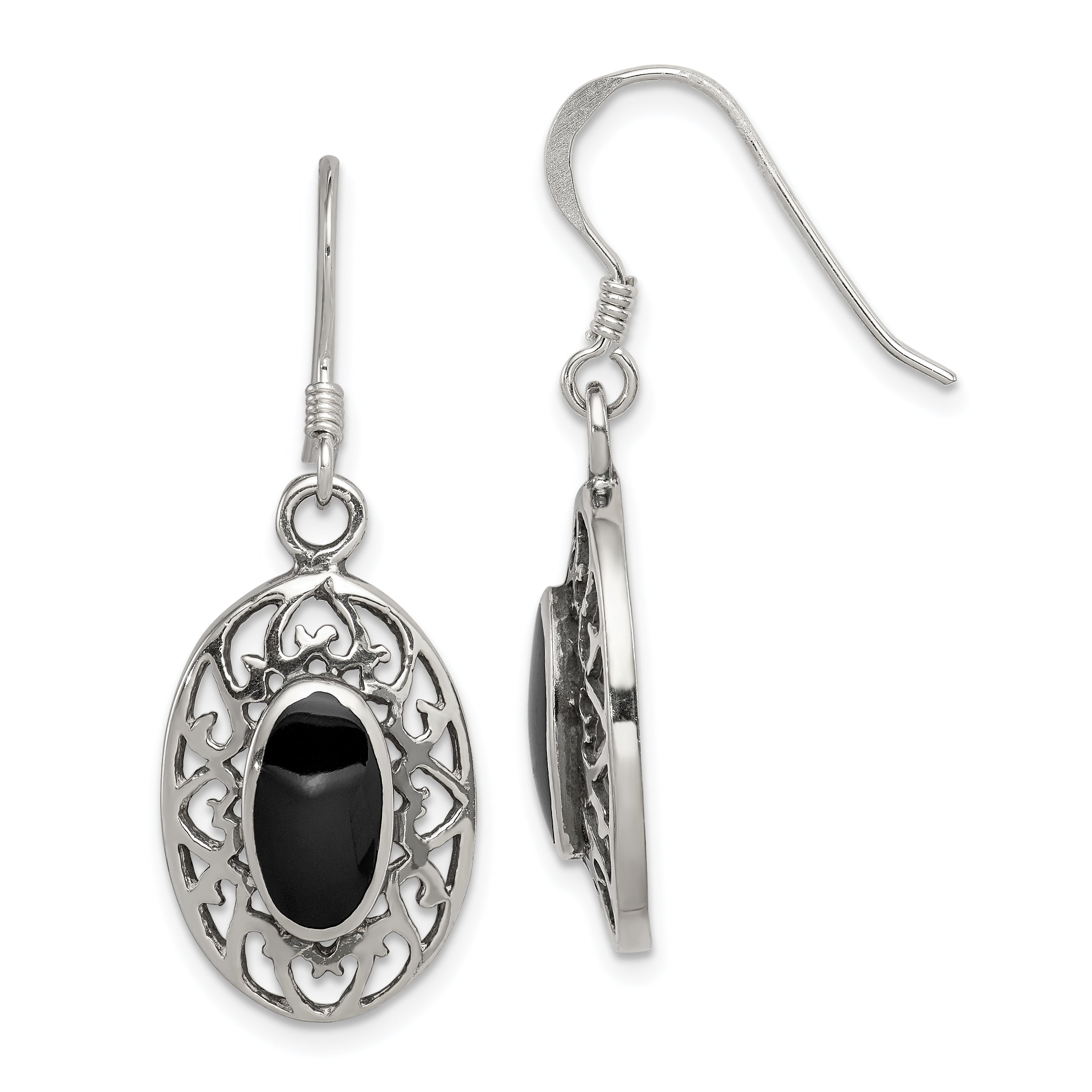 Sterling Silver Polished/Antiqued Filigree Black Agate Oval Dangle Earrings Main image