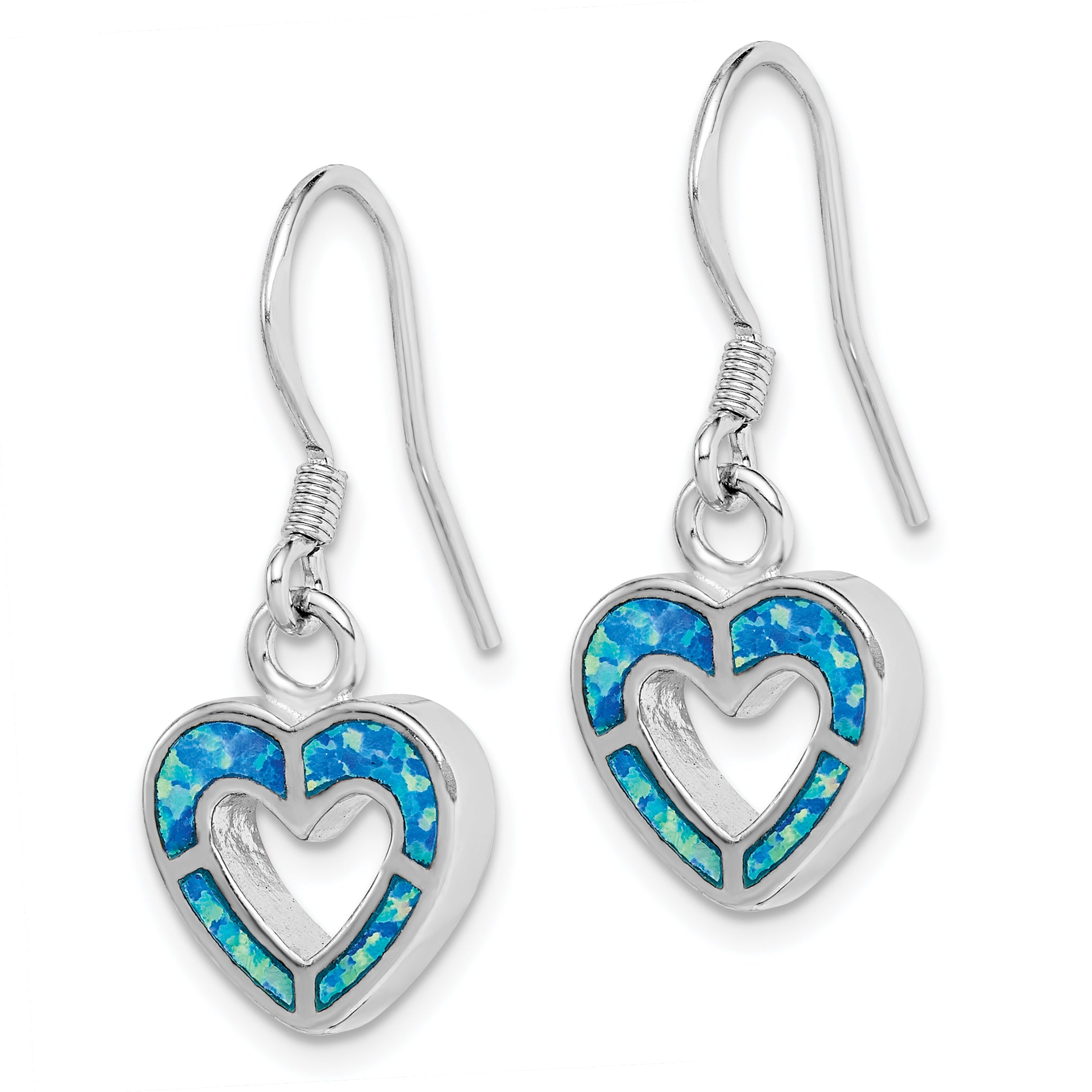 Sterling Silver RH-plated Blue Created Opal Inlay Heart Dangle Earrings Secondary image