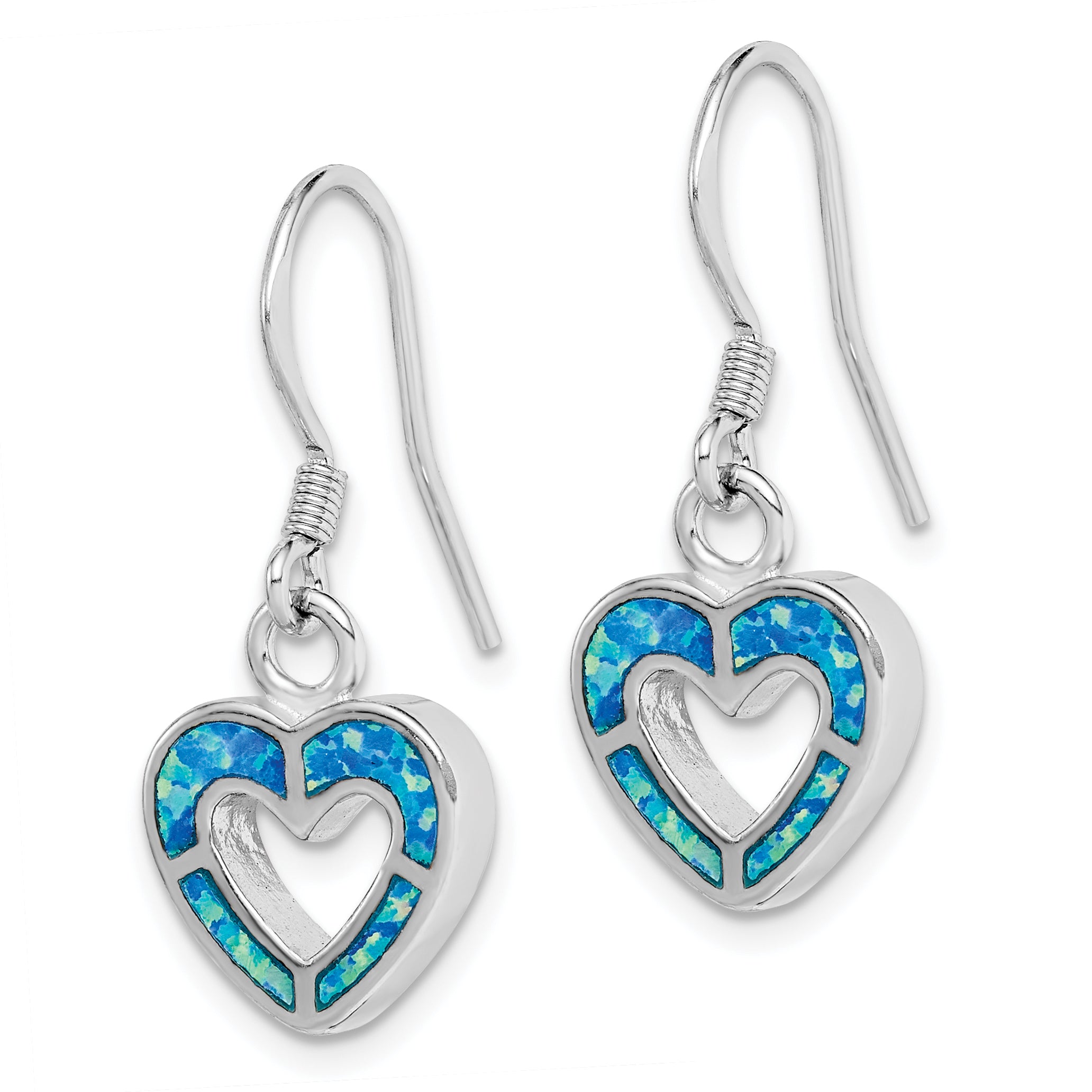 Sterling Silver RH-plated Blue Created Opal Inlay Heart Dangle Earrings