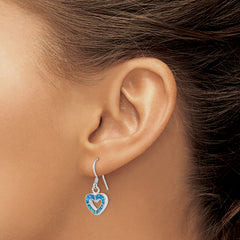 Sterling Silver RH-plated Blue Created Opal Inlay Heart Dangle Earrings